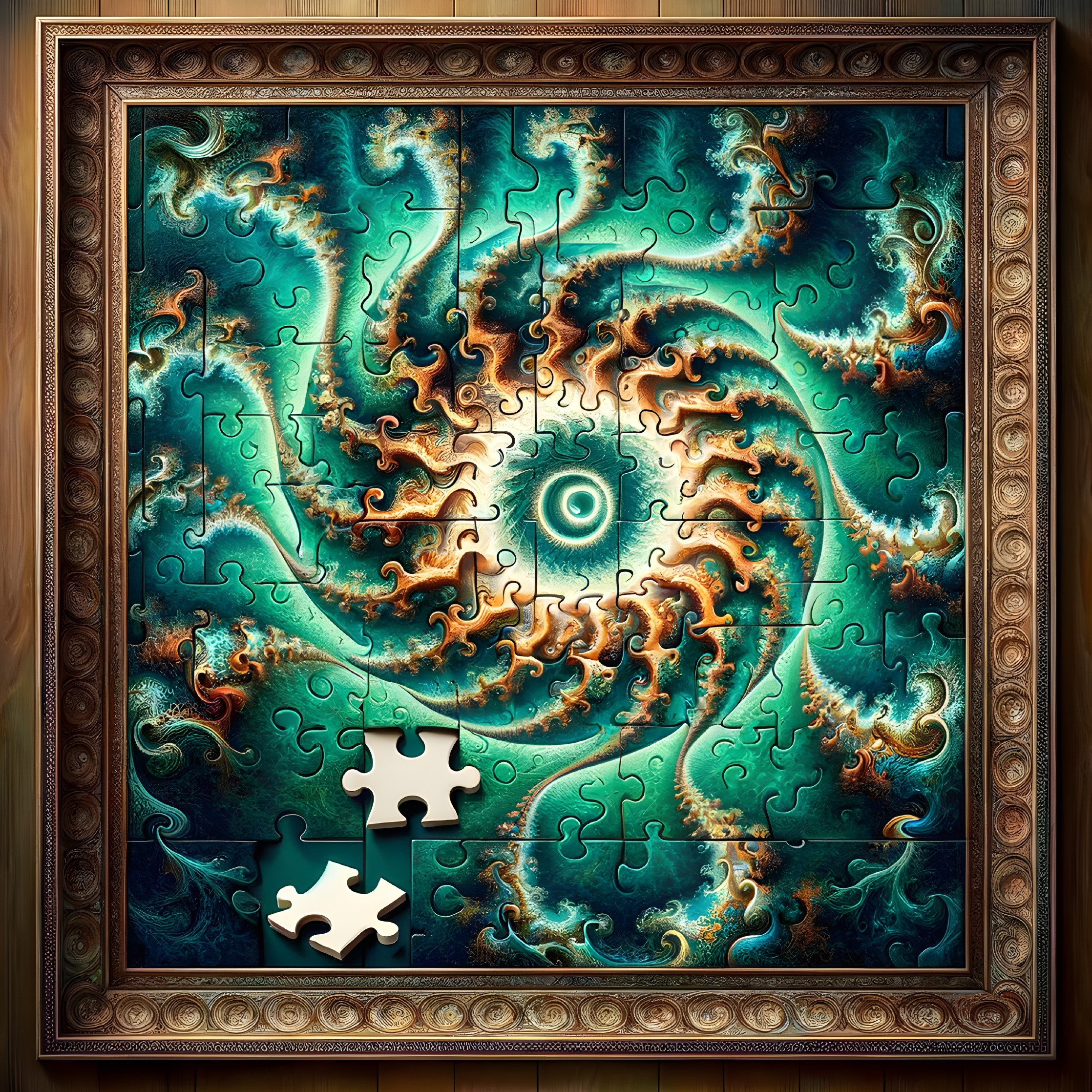 Vibrant Puzzle with Fractal Patterns in Teal and Gold