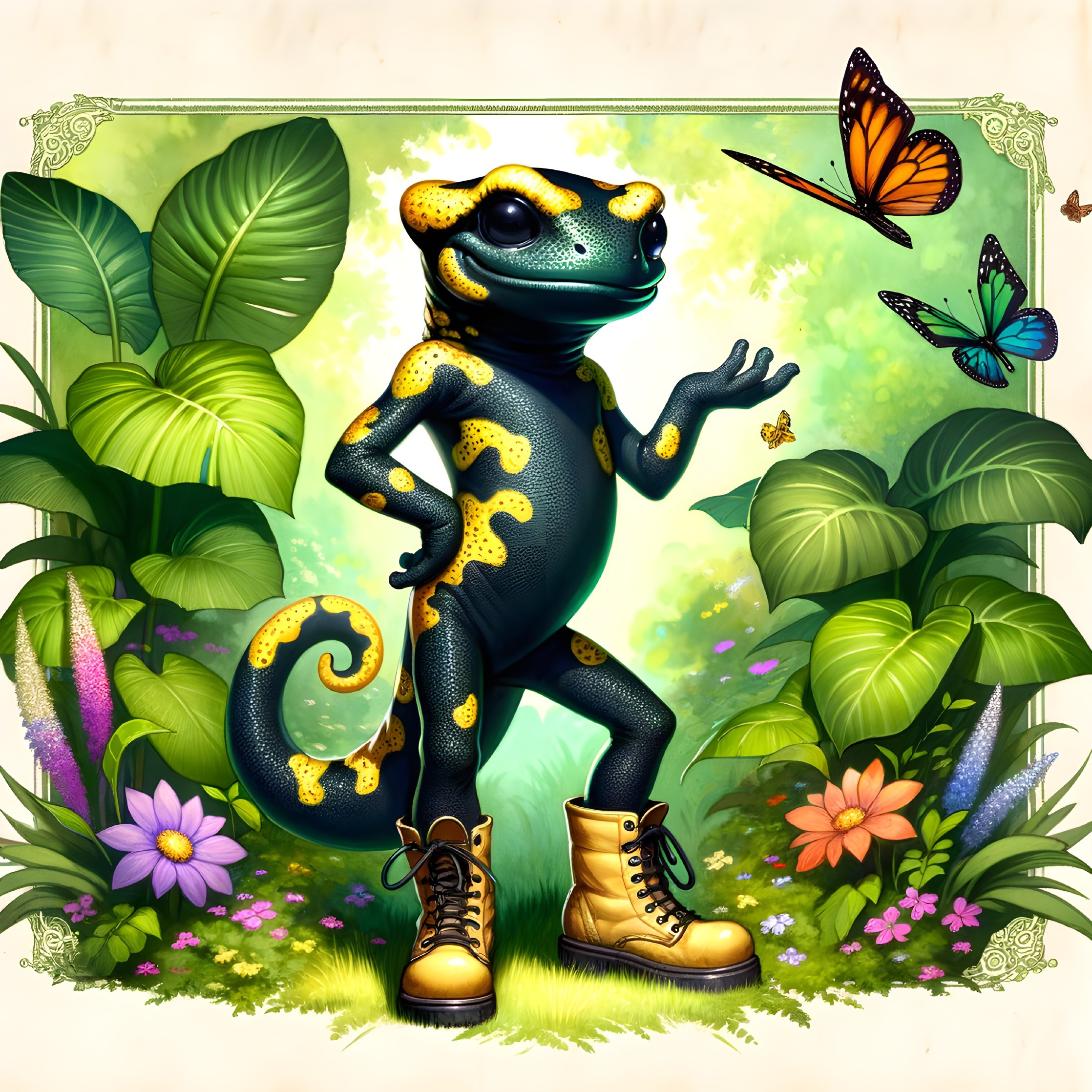 Cartoon Gecko Character in Lush Jungle Setting
