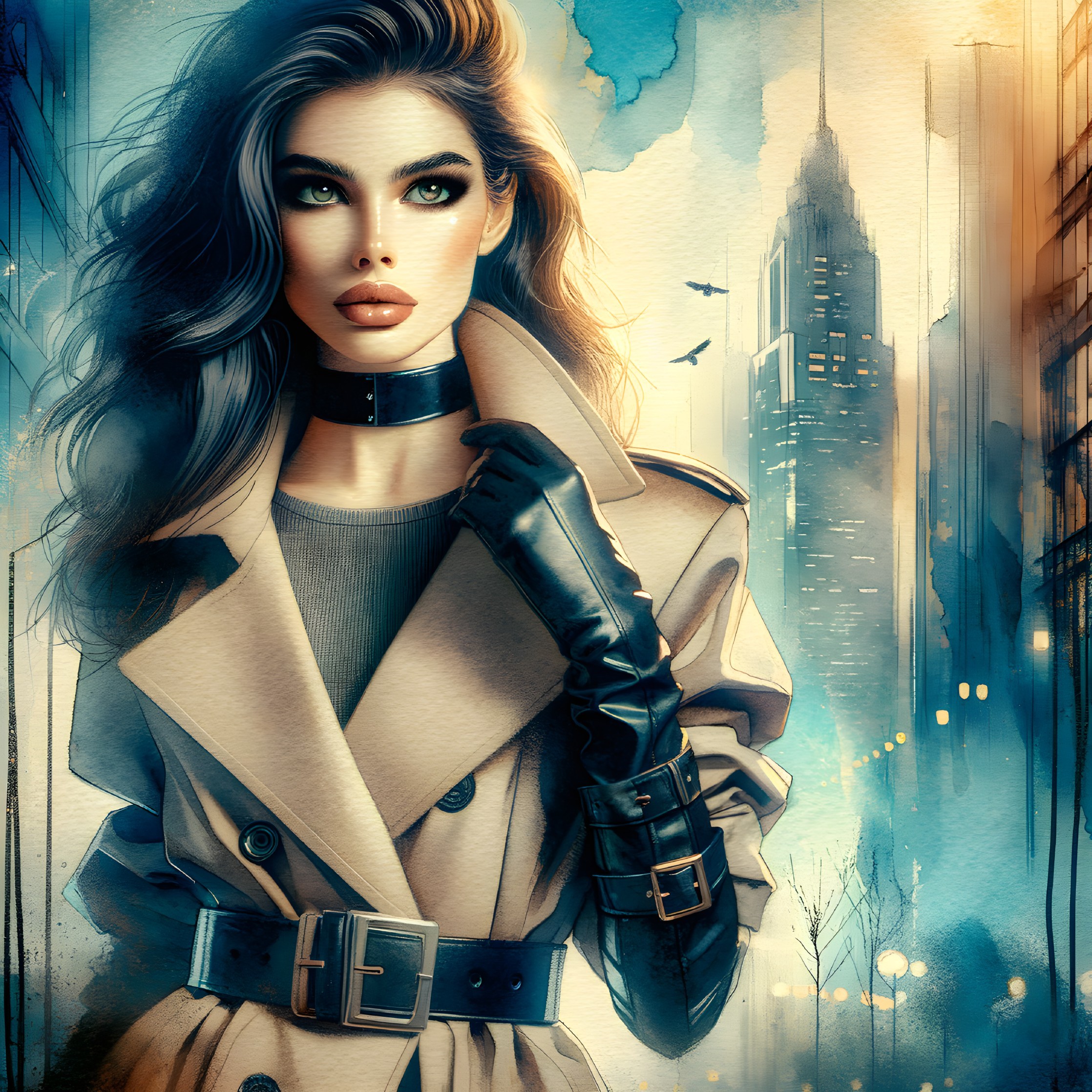 Confident Woman in Trench Coat Against Cityscape