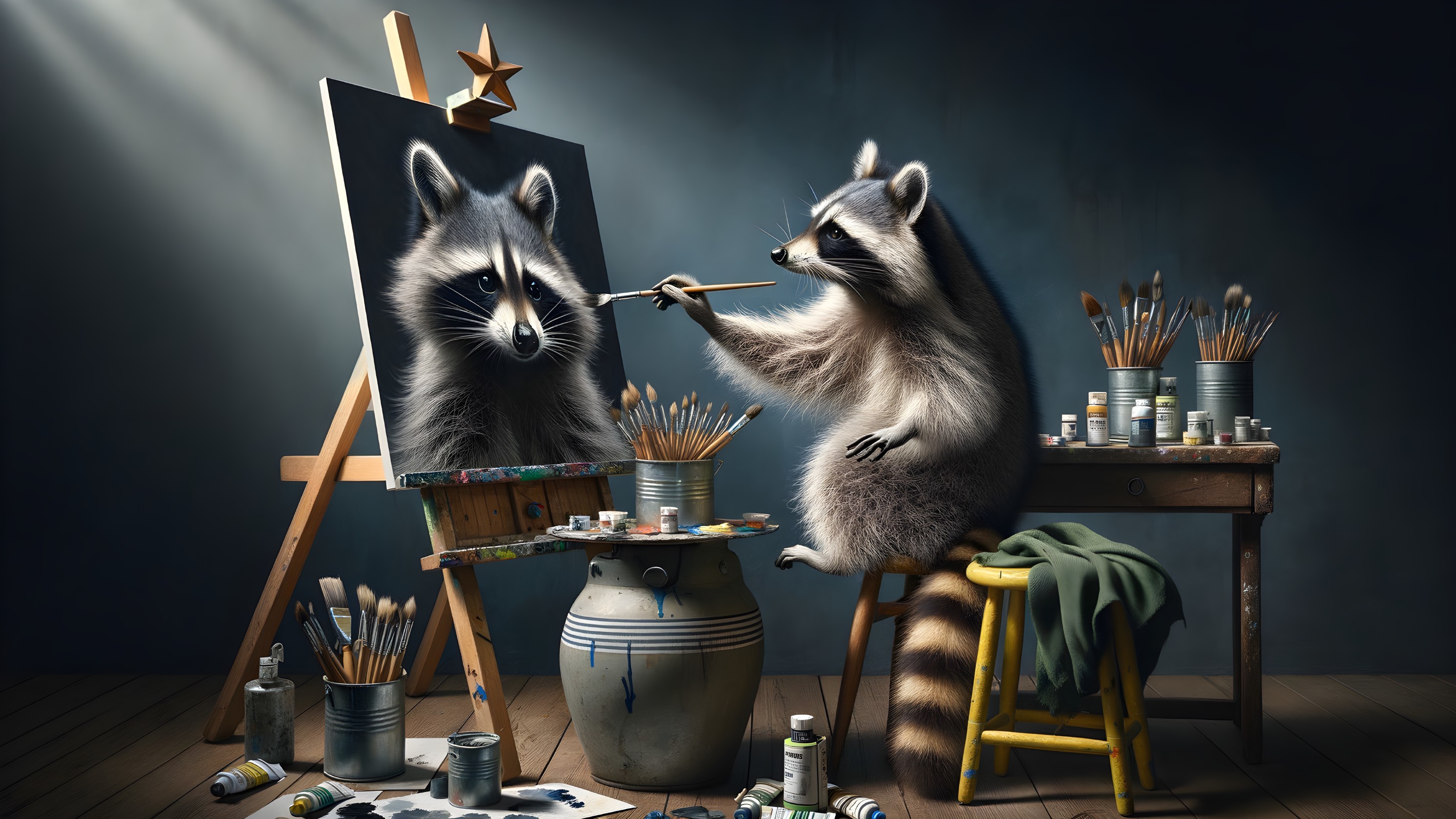 Raccoon Painting Its Portrait in Cozy Art Studio