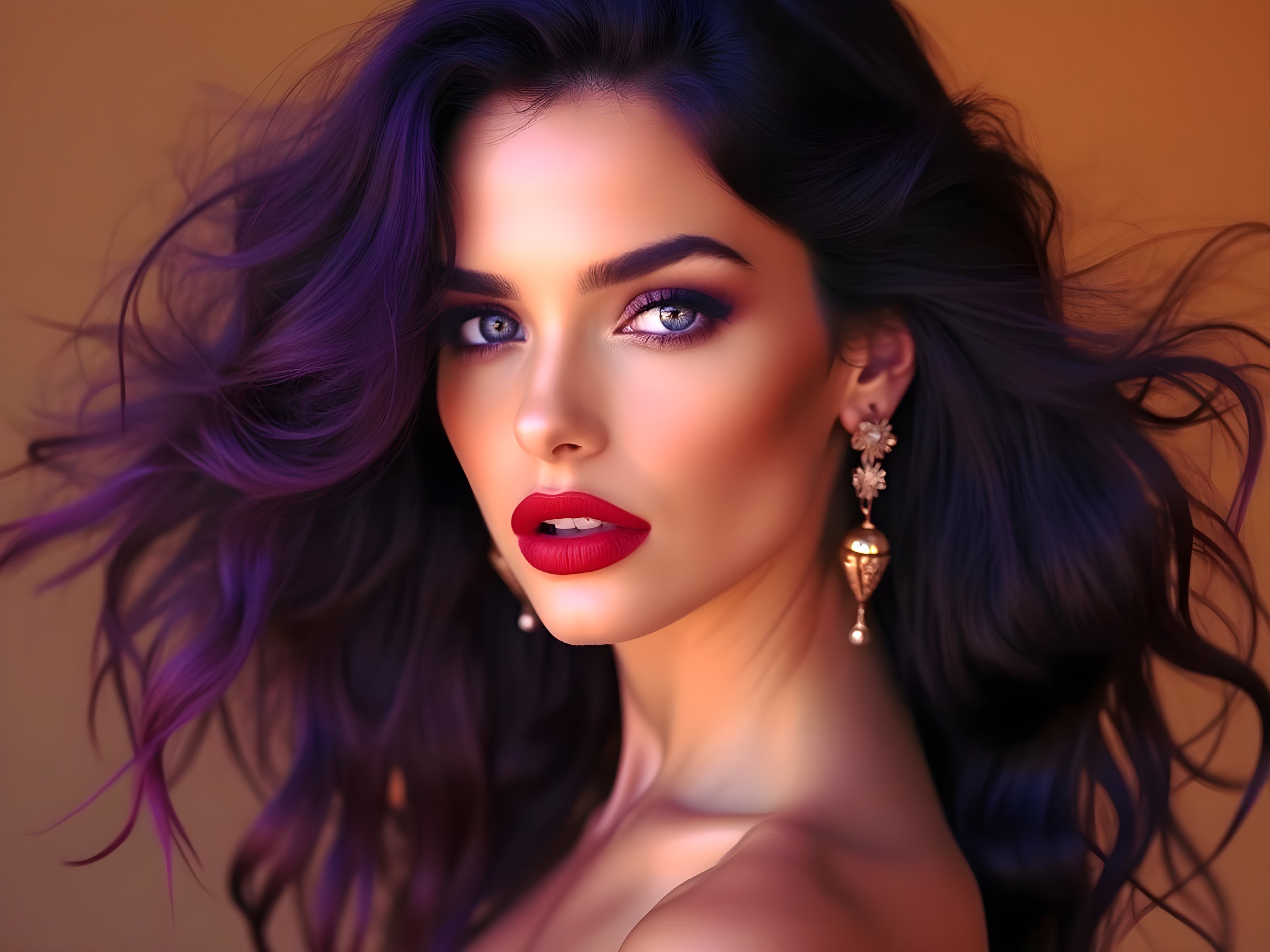Portrait of a woman with purple highlights and blue eyes