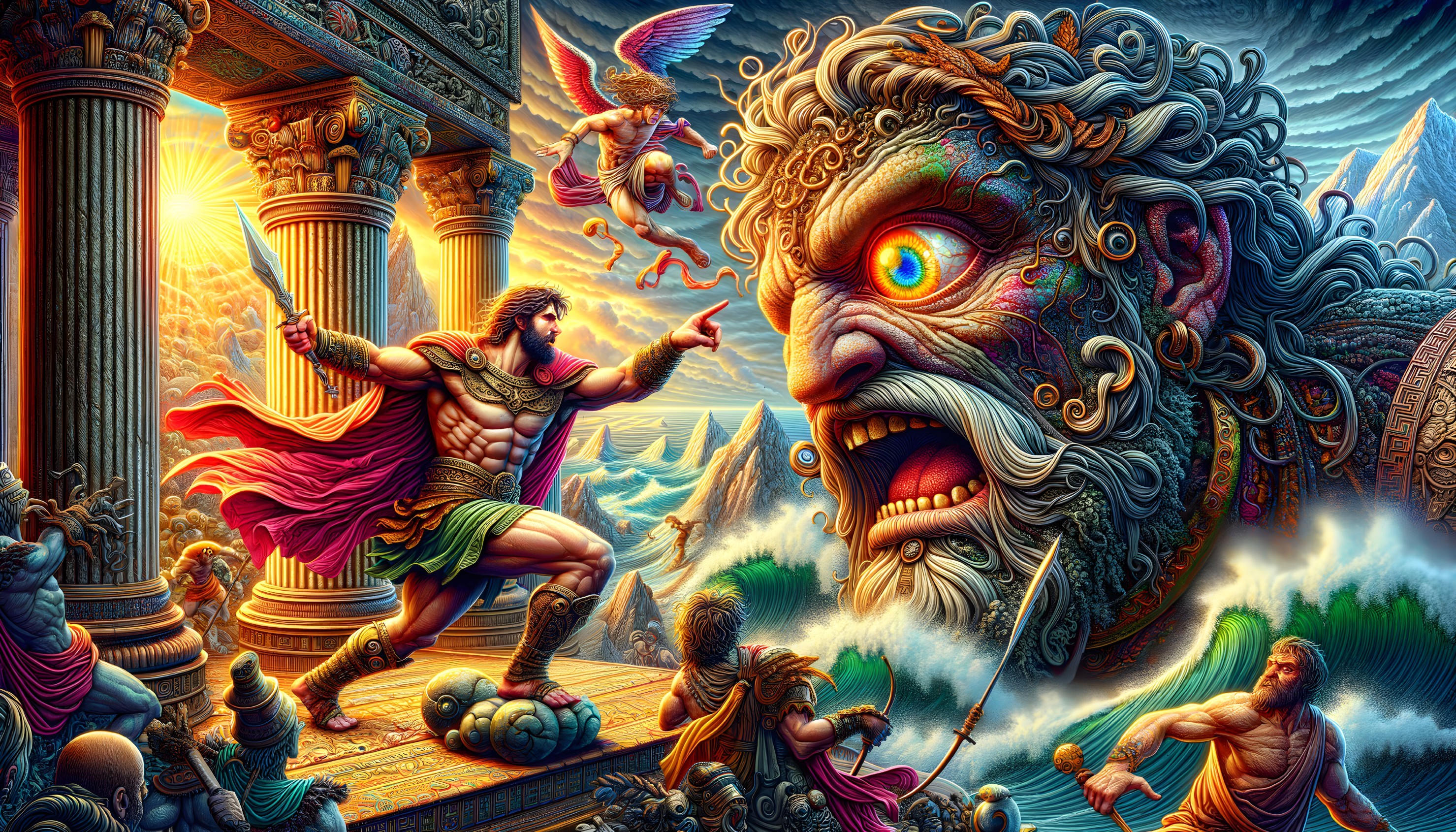 Mythical warrior, colossal face, cherubs, philosopher in surreal Greek scene