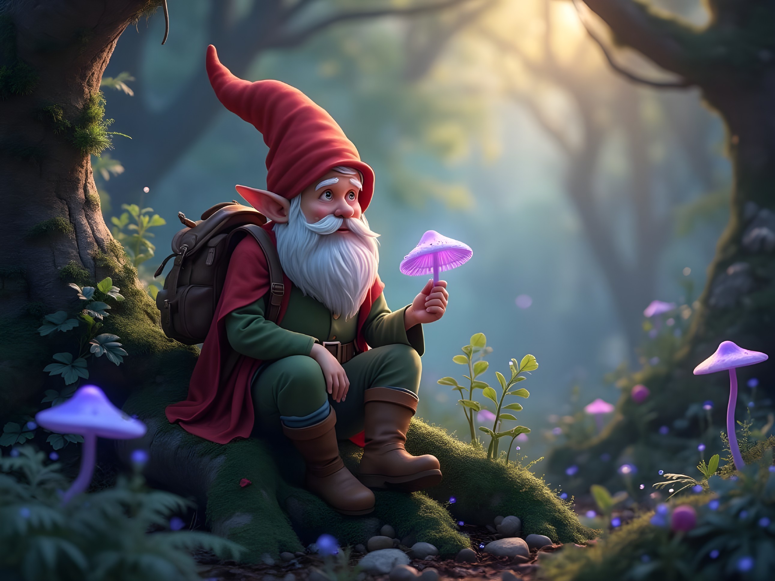 Cheerful gnome in enchanted forest with glowing mushroom