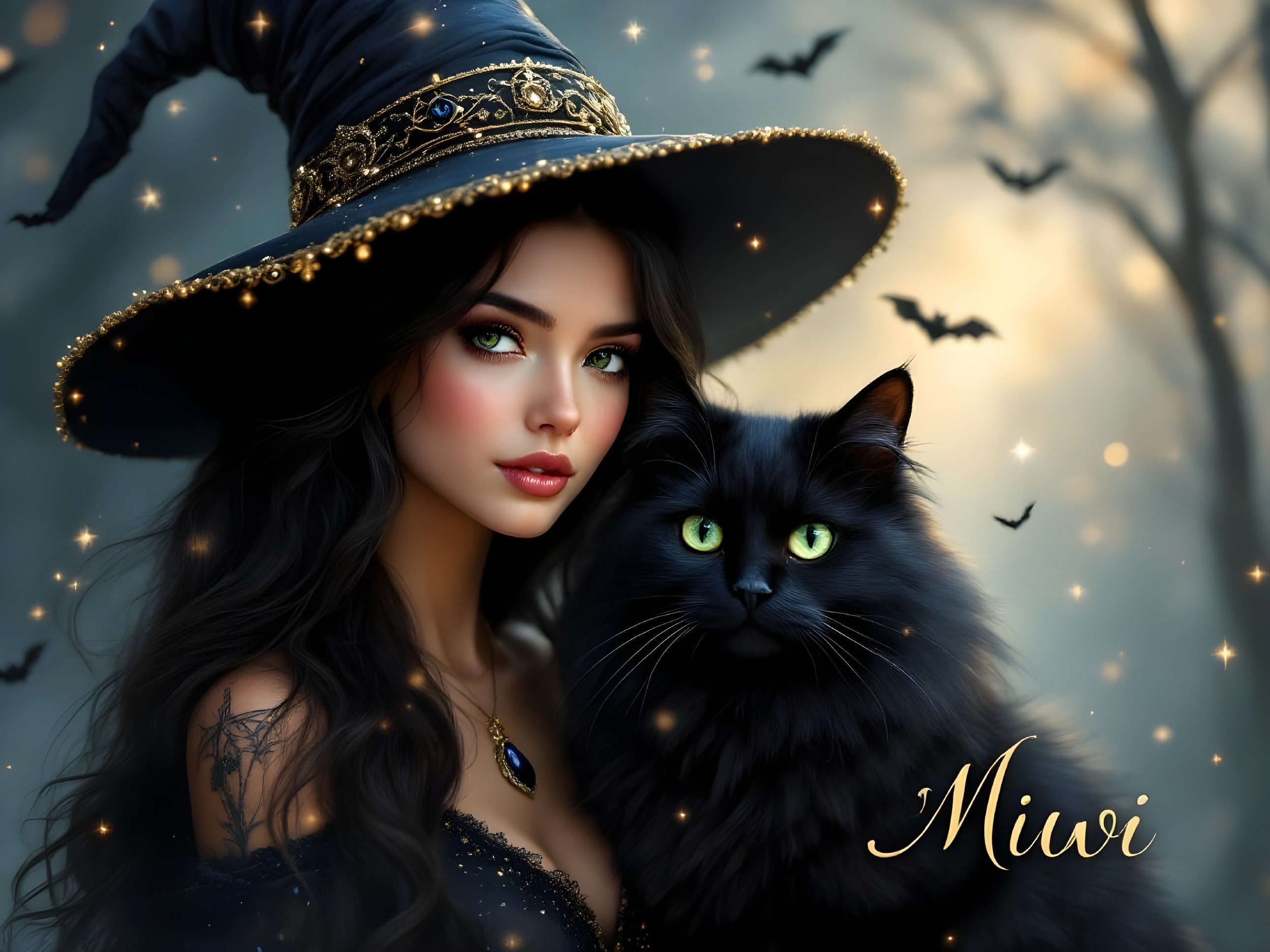 Mystical Scene of Woman, Cat, and Twilight Sky