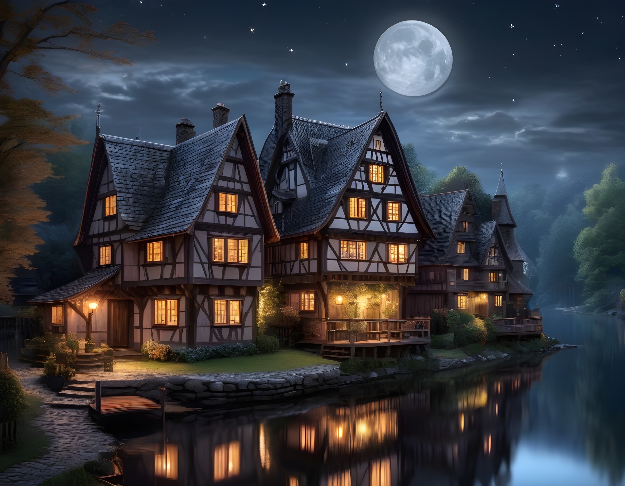 Medieval Village by a Serene River Under Full Moon