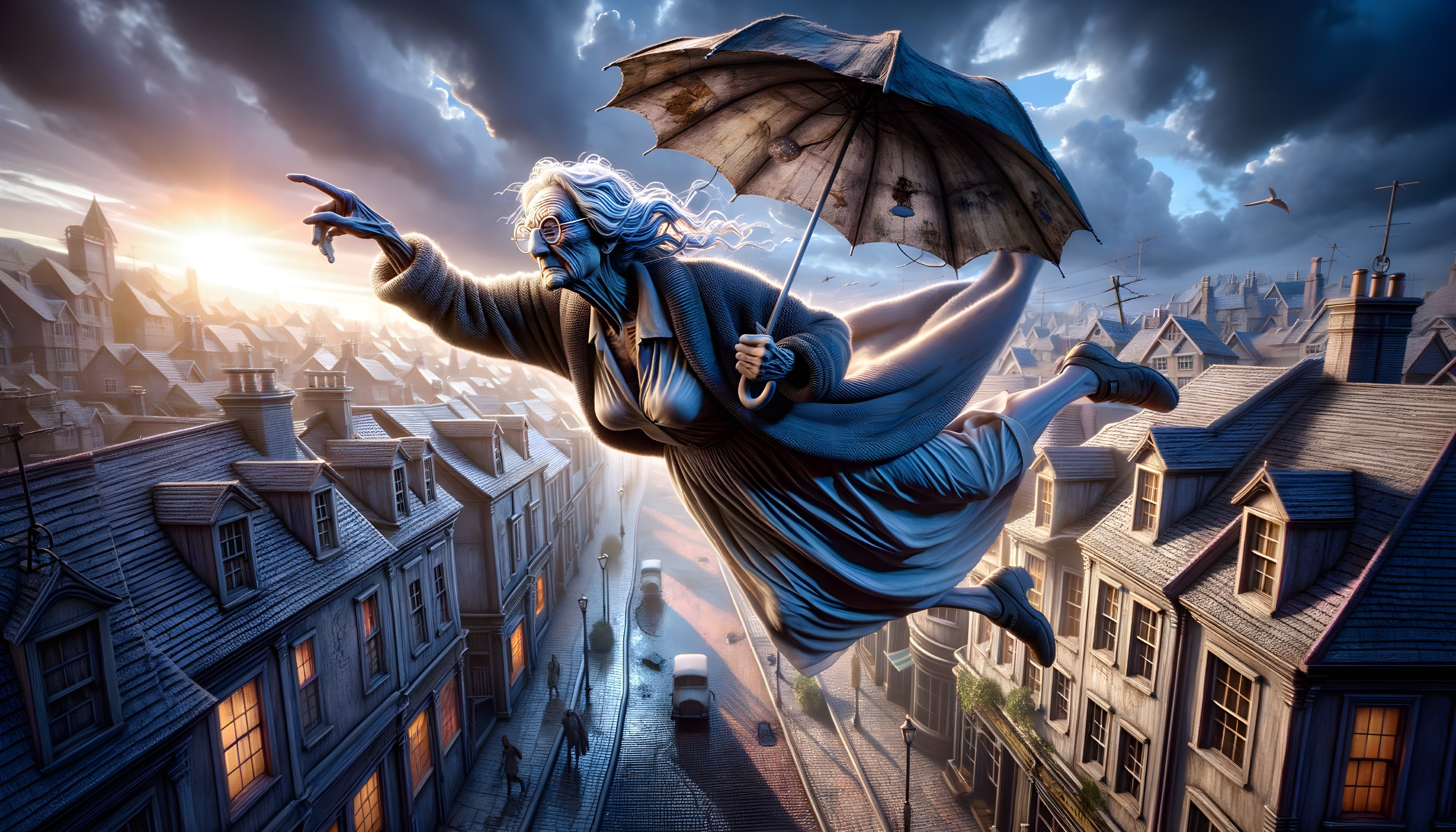 Elderly woman with white hair flying over picturesque town at sunrise