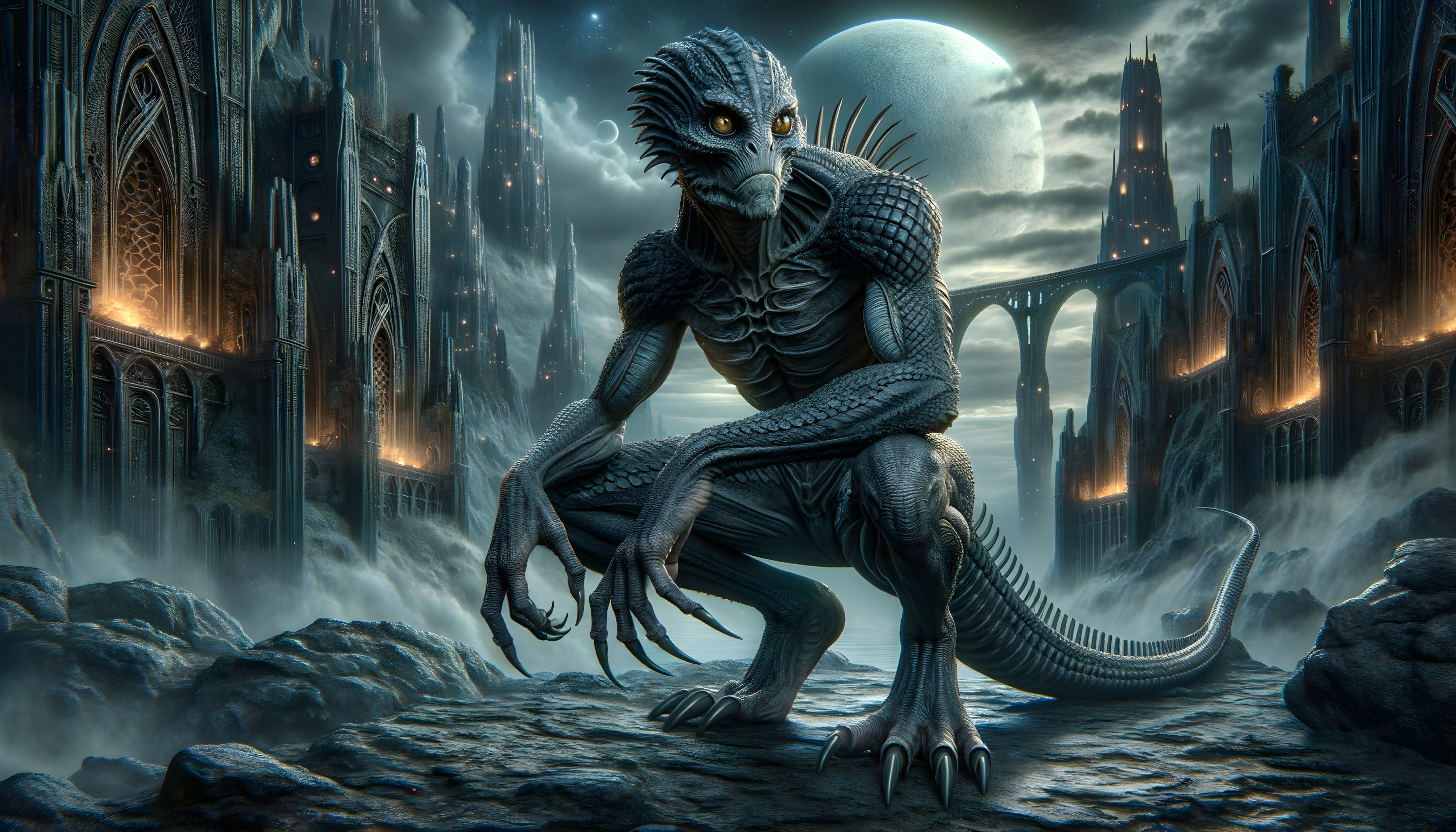 Humanoid Dragon Creature in Gothic Landscape at Night