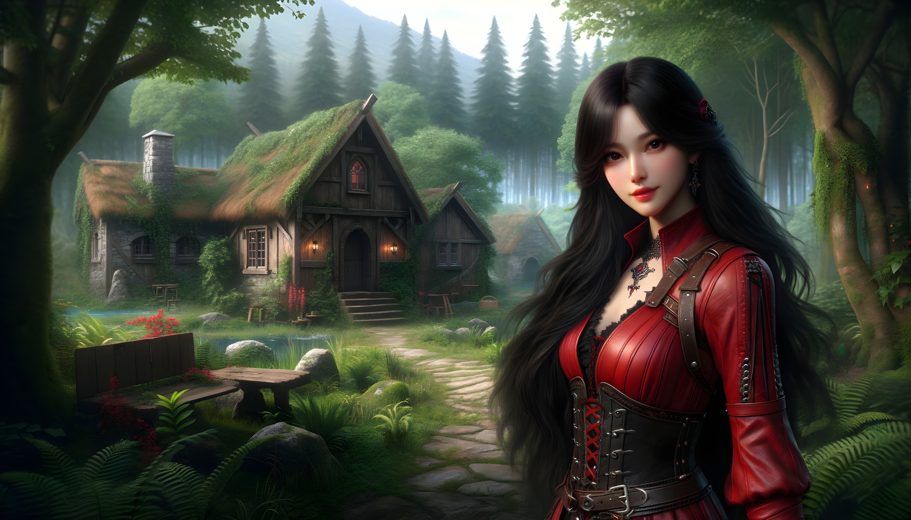 Digital artwork: Woman in red medieval dress by fairytale cottage