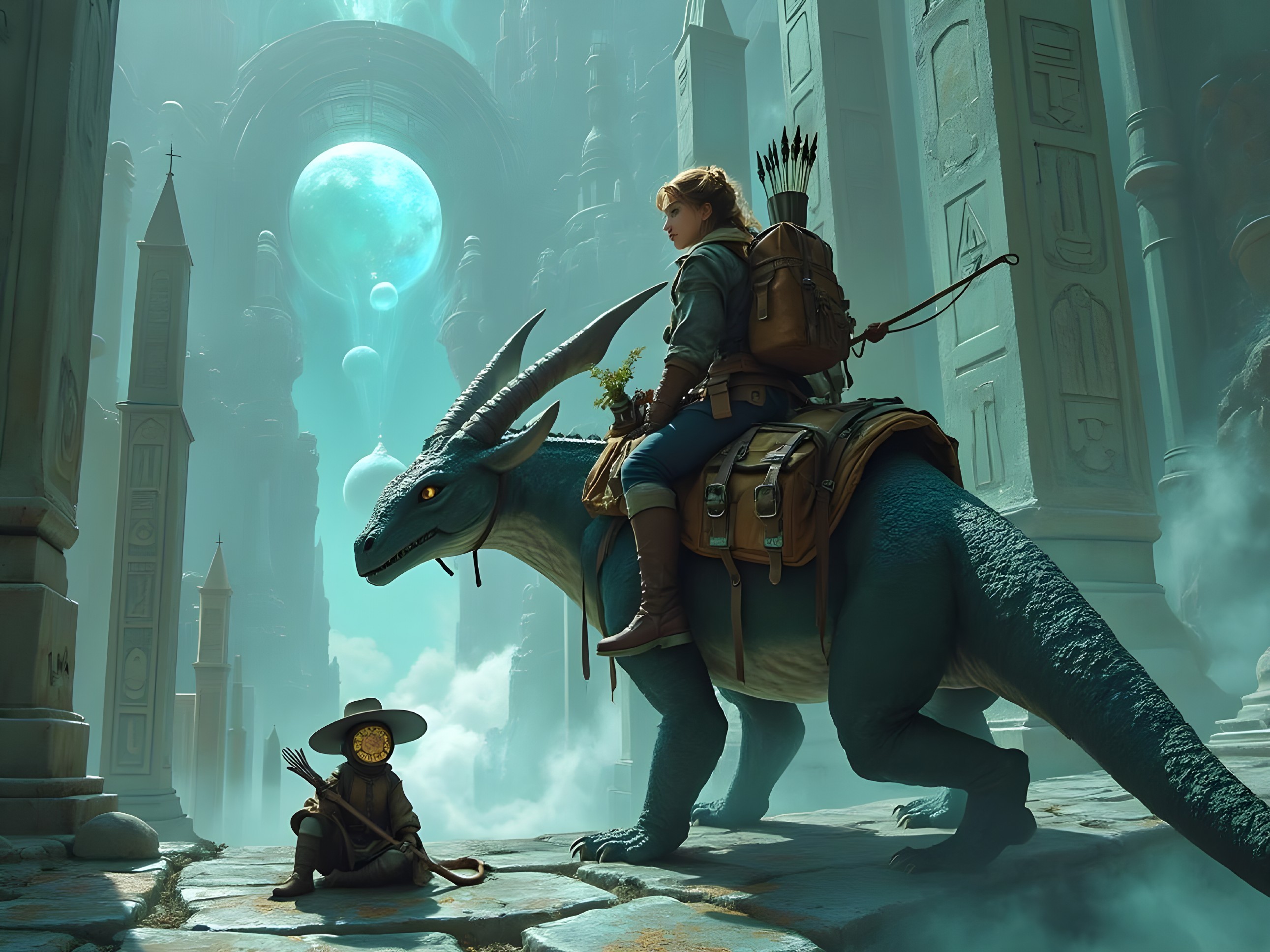 Young Adventurer on Blue Dragon in Mystical Landscape