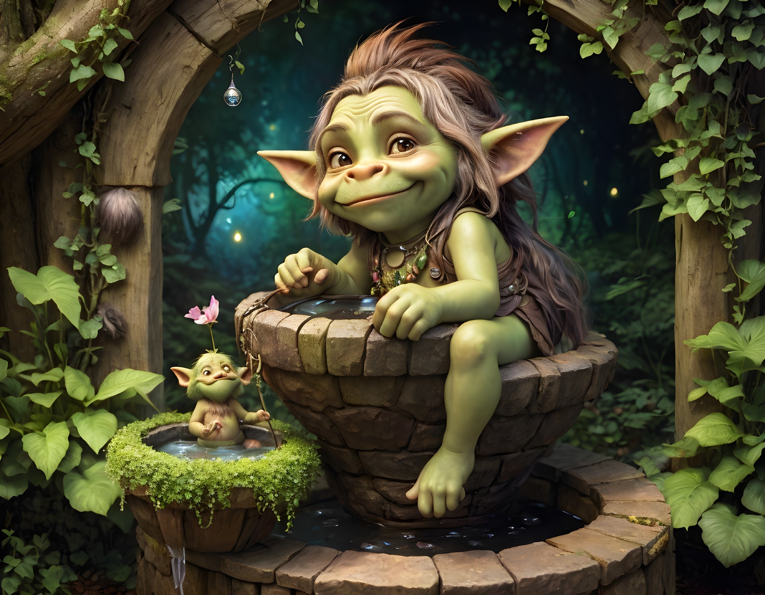 Whimsical green trolls by stone well in enchanted forest