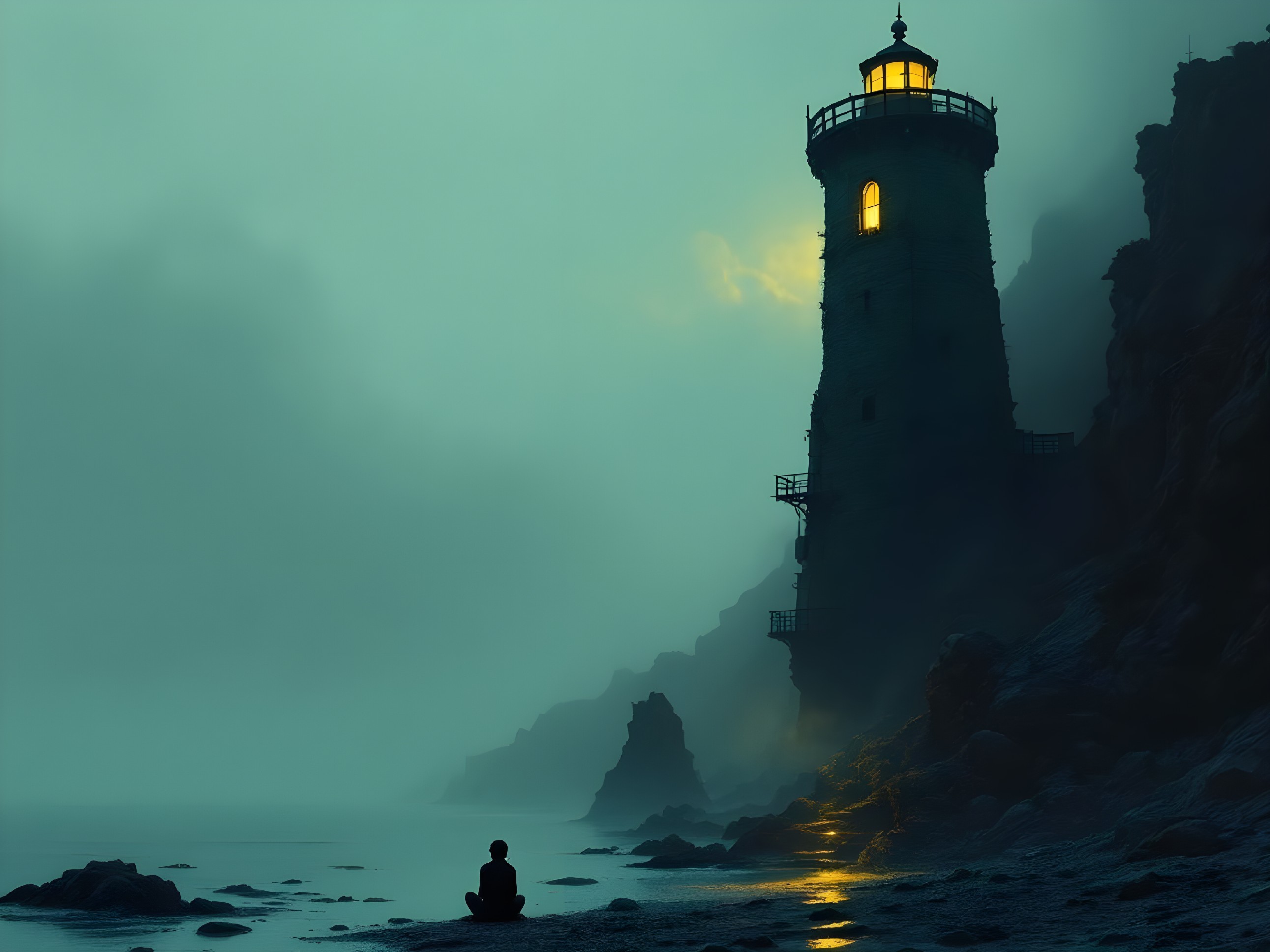 Solitary Figure by Misty Shore with Lighthouse View
