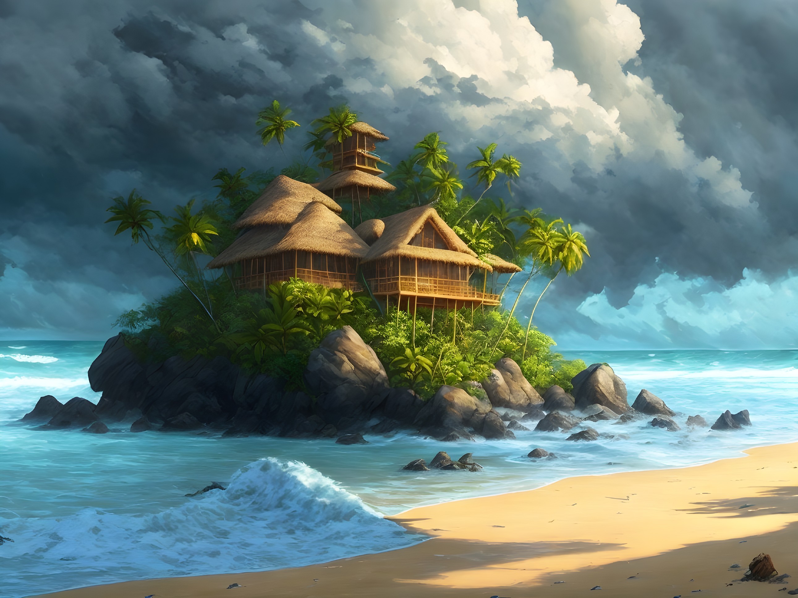 Tropical Island with Thatched Houses and Dramatic Sky