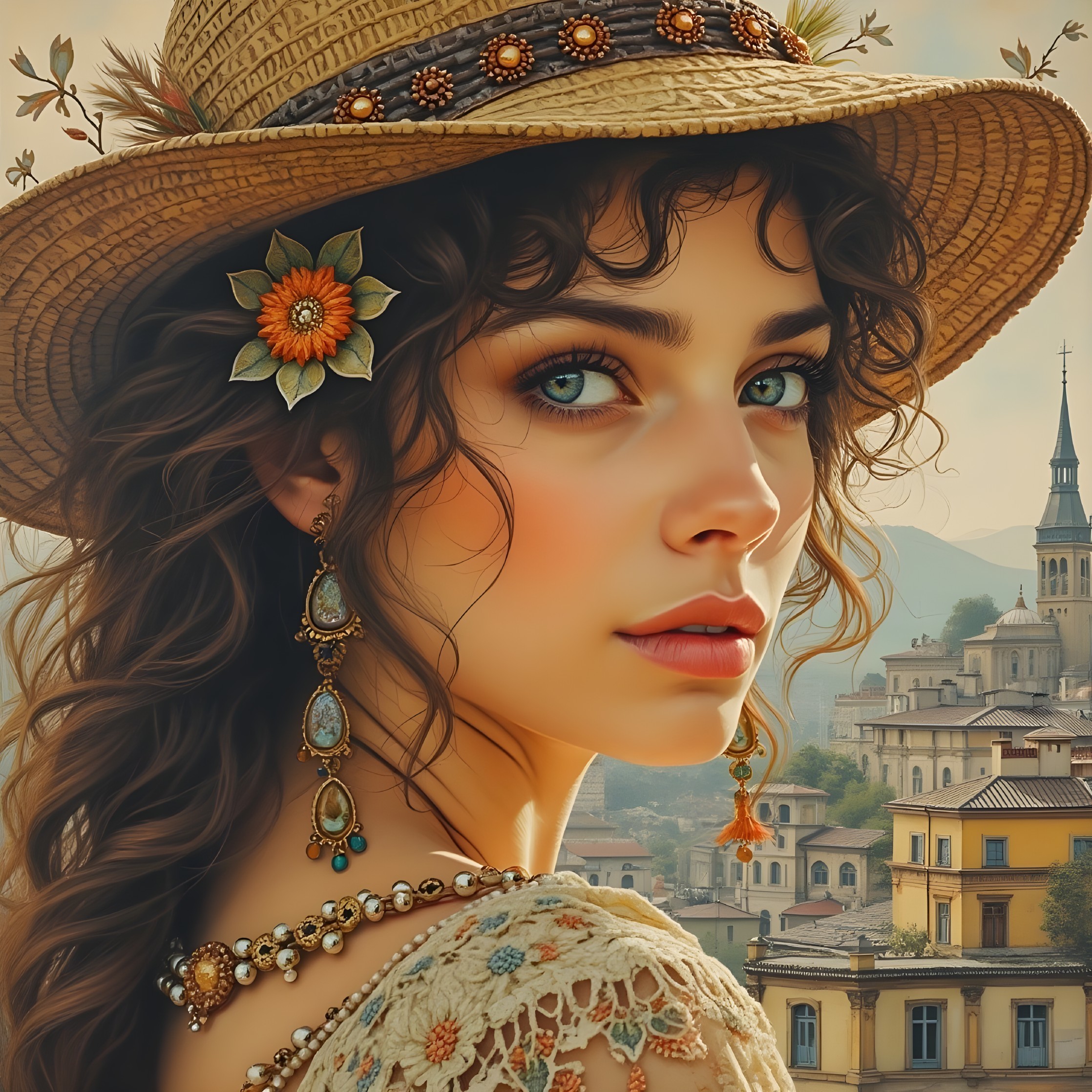 Young woman in floral dress with scenic town backdrop