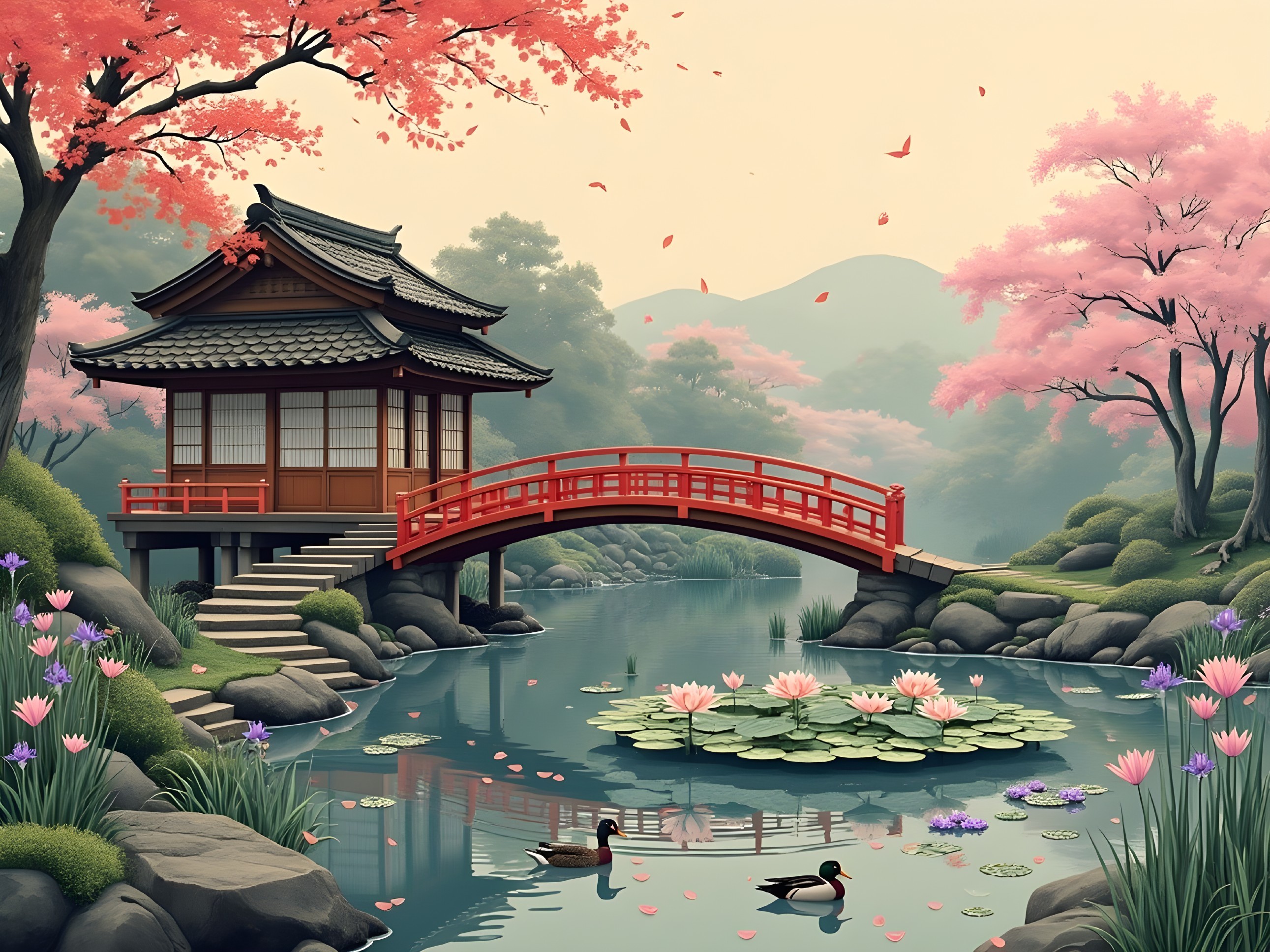 Japanese Teahouse by Tranquil Pond with Cherry Blossoms