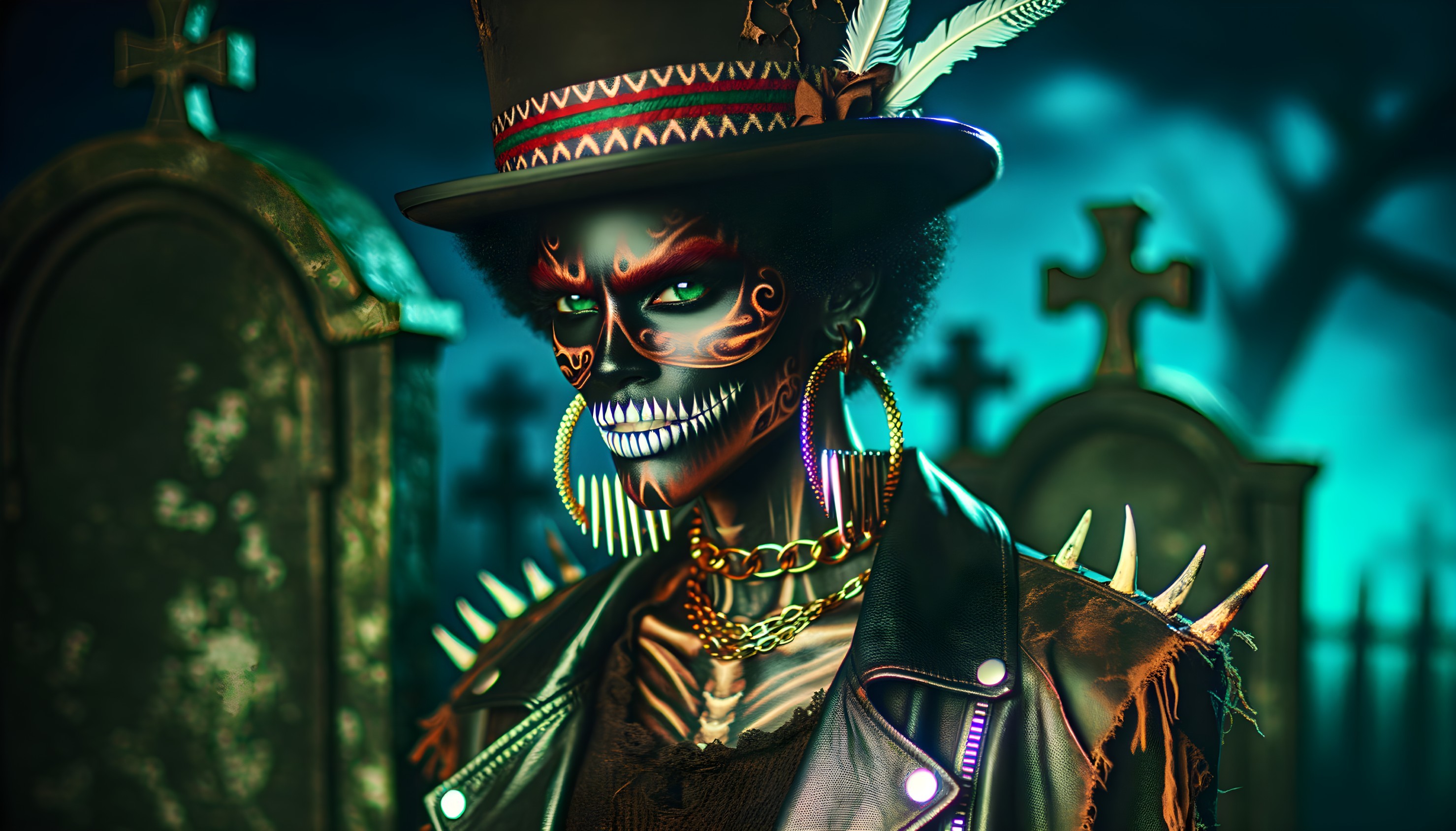 Skeletal Figure in Día de los Muertos Style in Graveyard