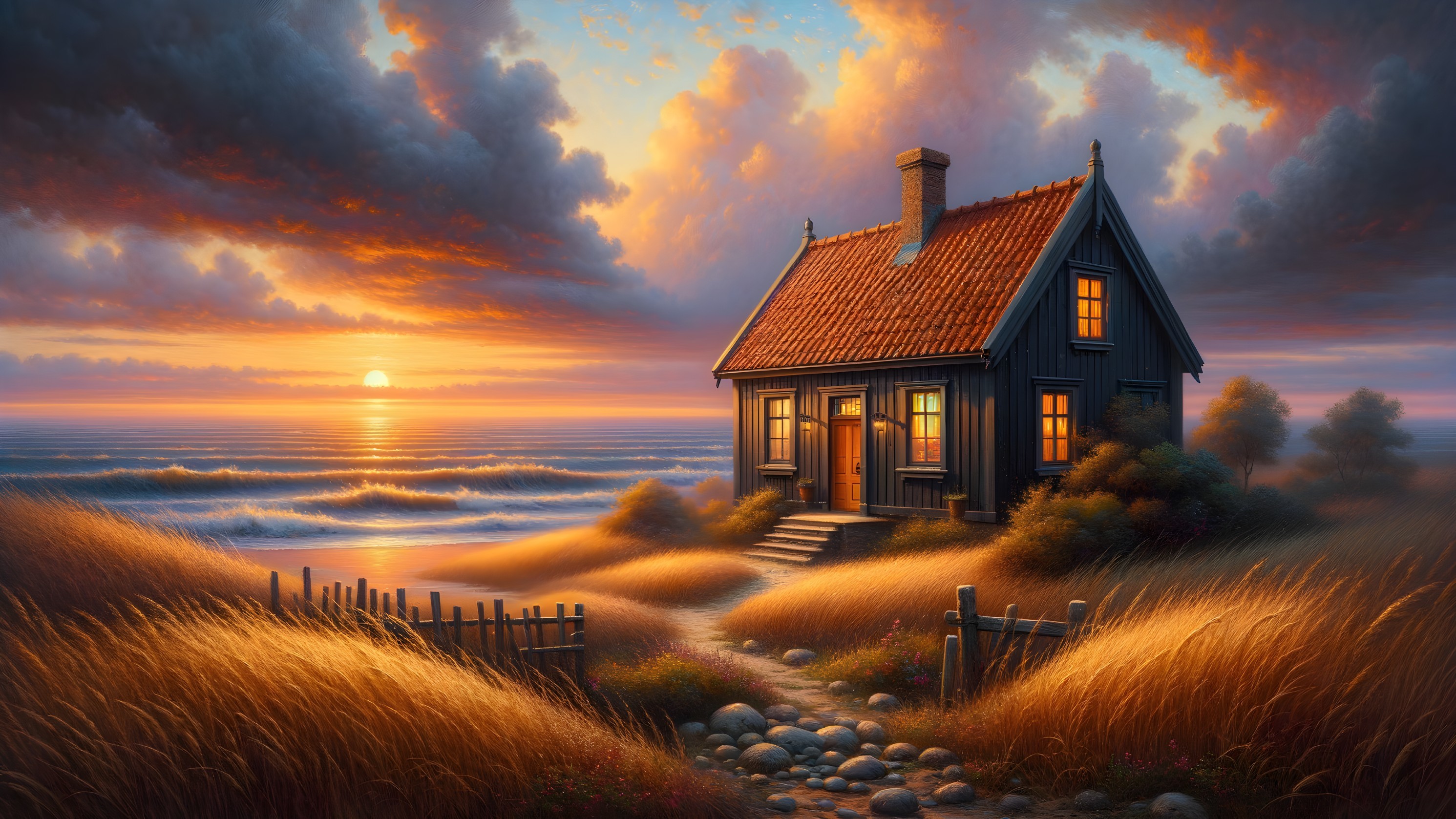 Seaside Cottage Surrounded by Sunset and Ocean Waves