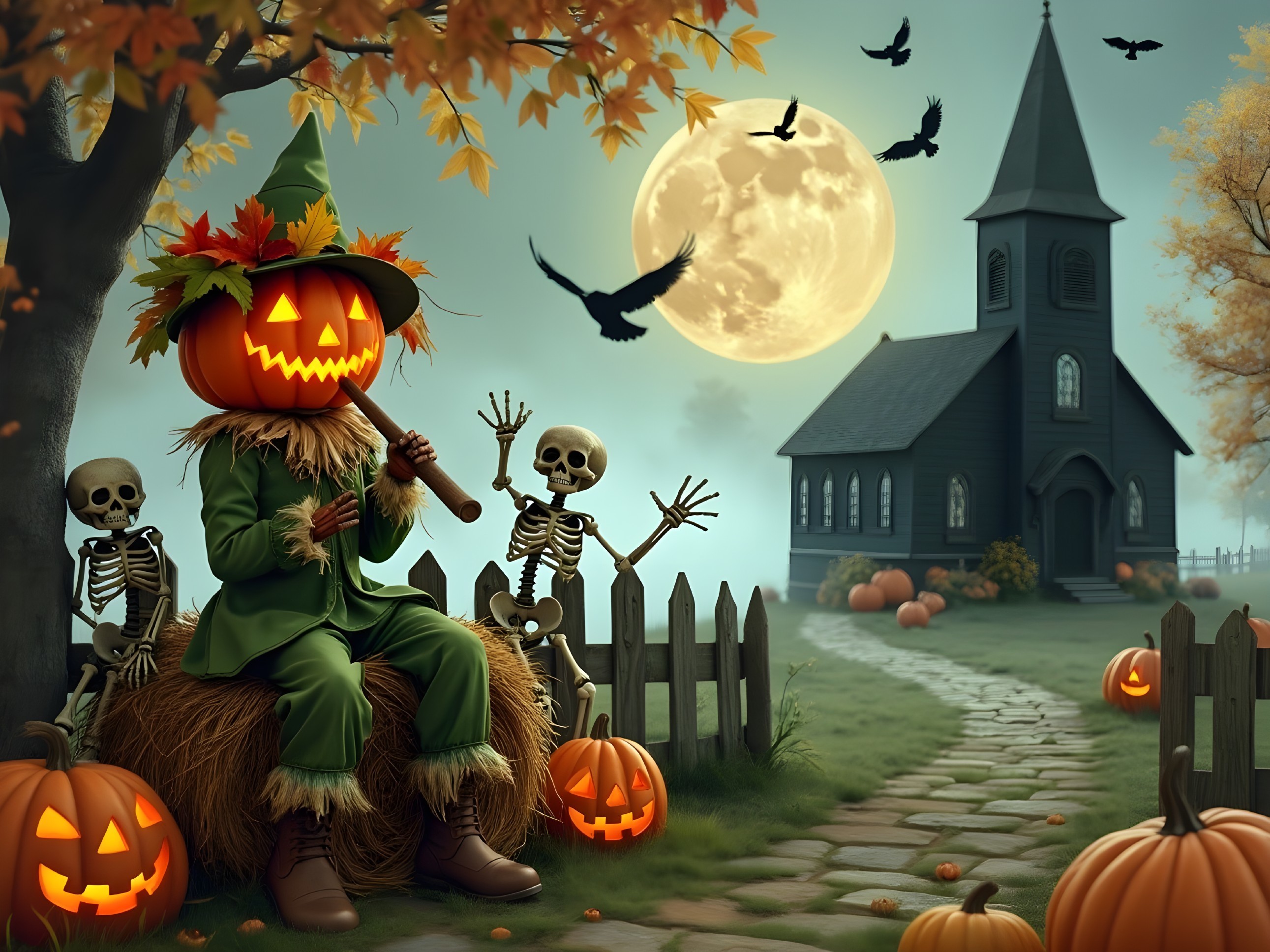 Whimsical Halloween Scene with Scarecrow and Skeletons