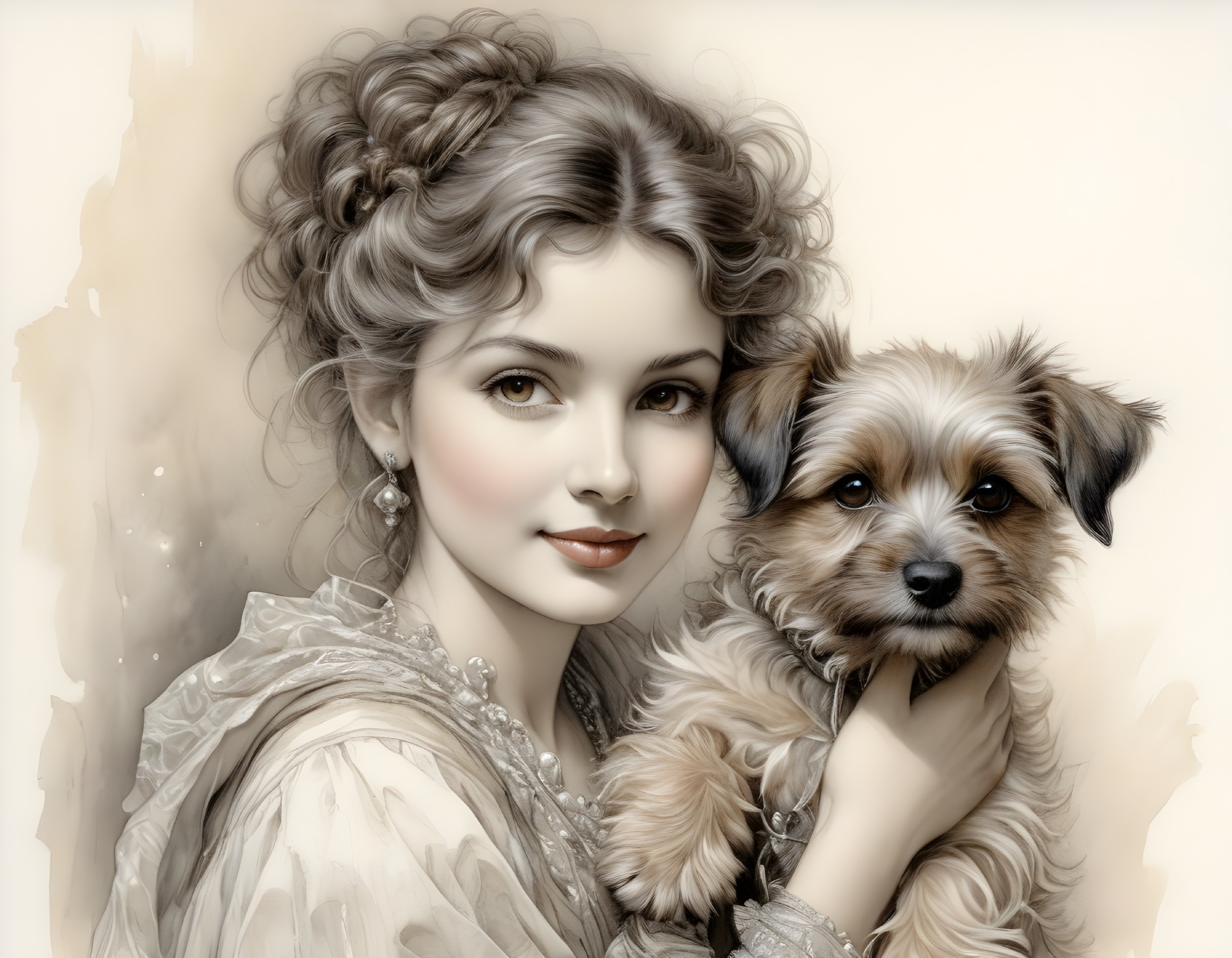 Young woman with dog in vintage outfit and pearls