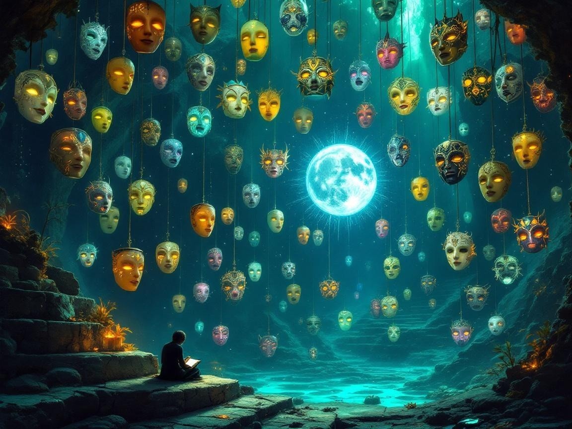 Mystical Cavern with Glowing Masks and Blue Moon