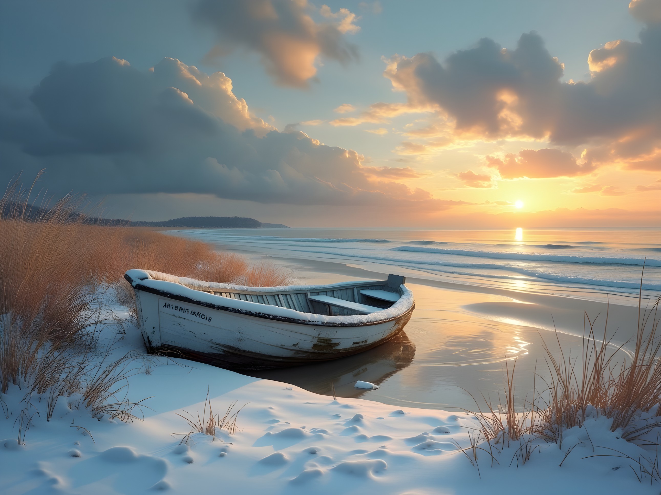 Serene Beach Scene at Sunset with Weathered Boat