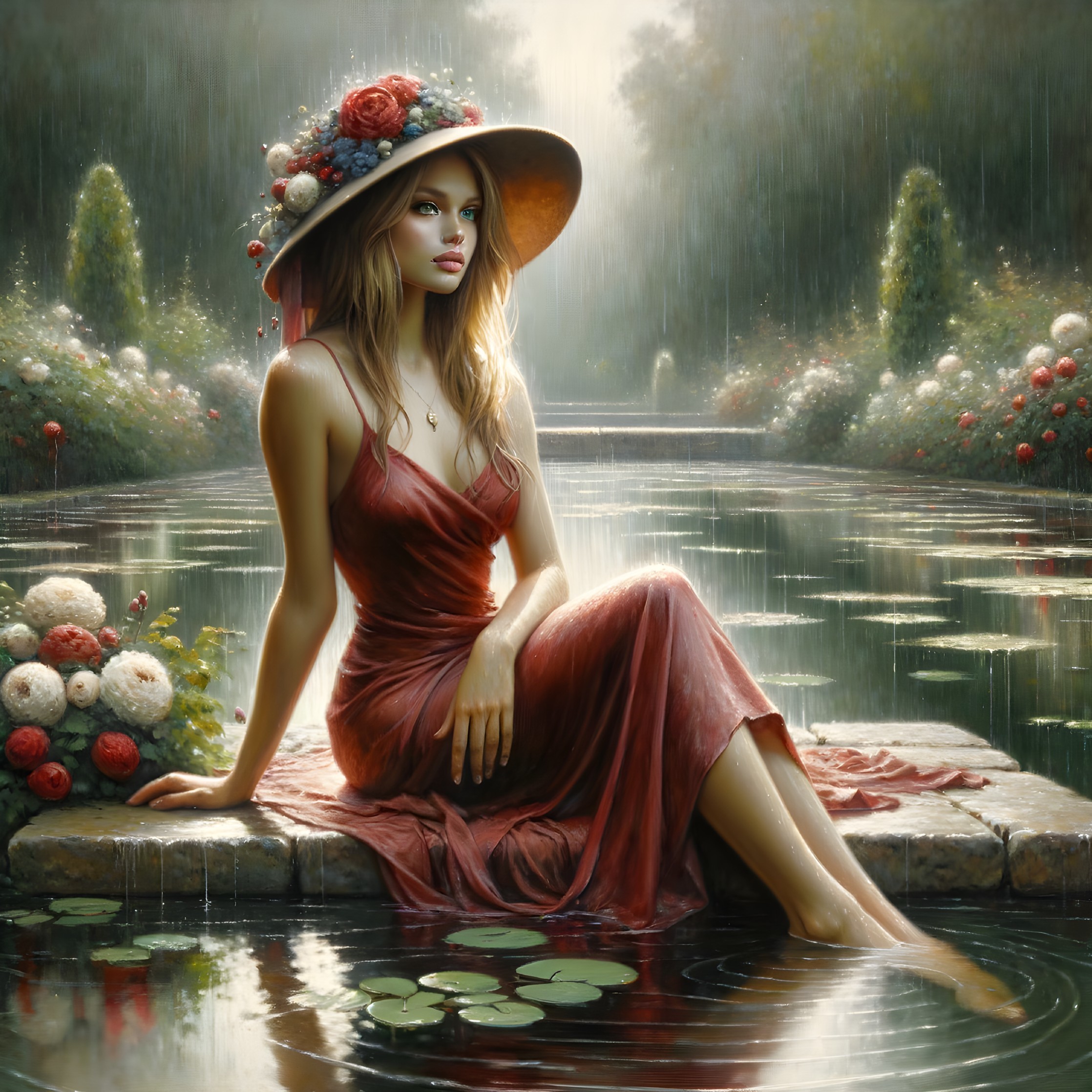 Young Woman in Red Dress by Tranquil Pond