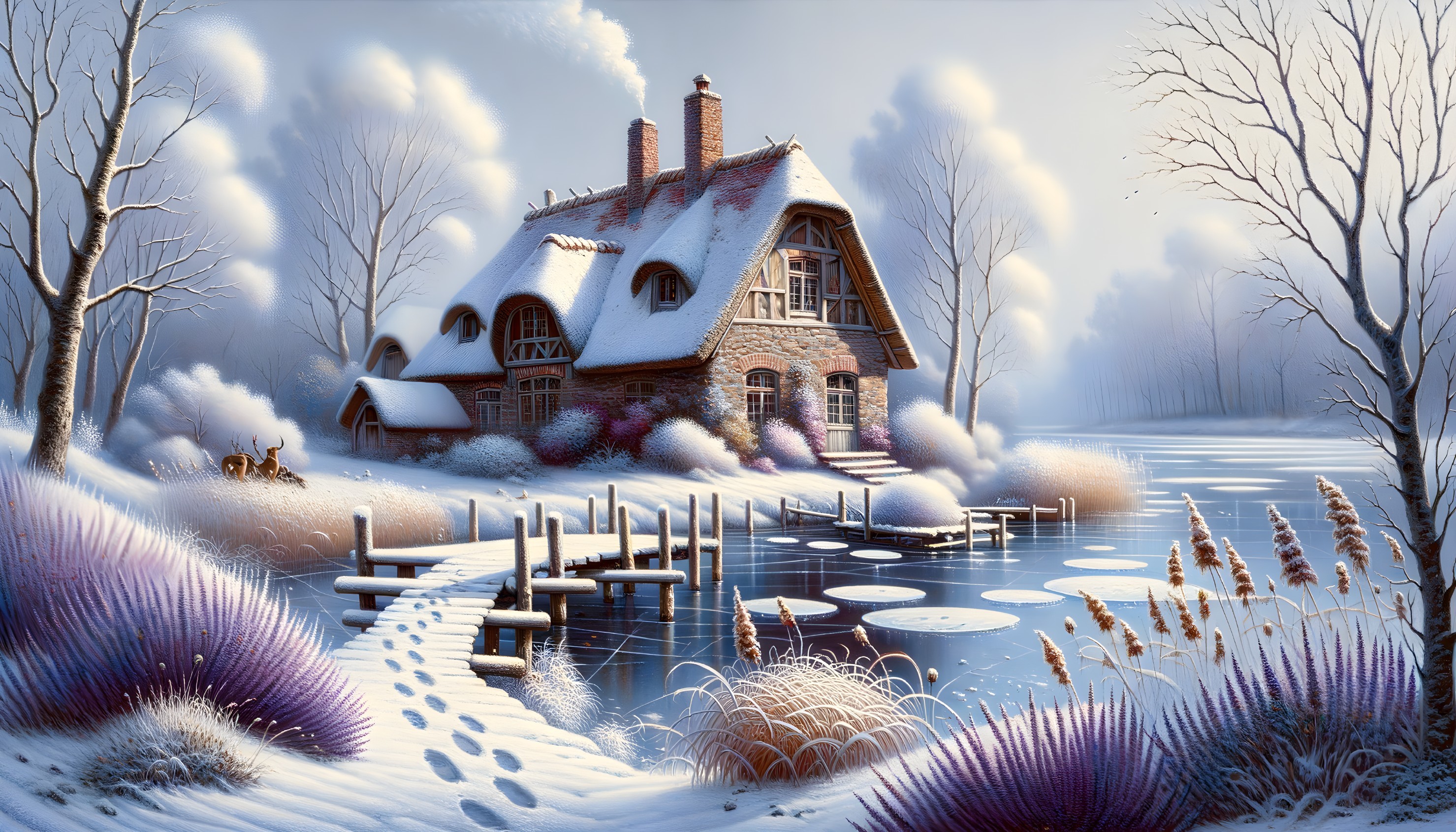 Snow-Covered Cottage by a Tranquil Winter Lake