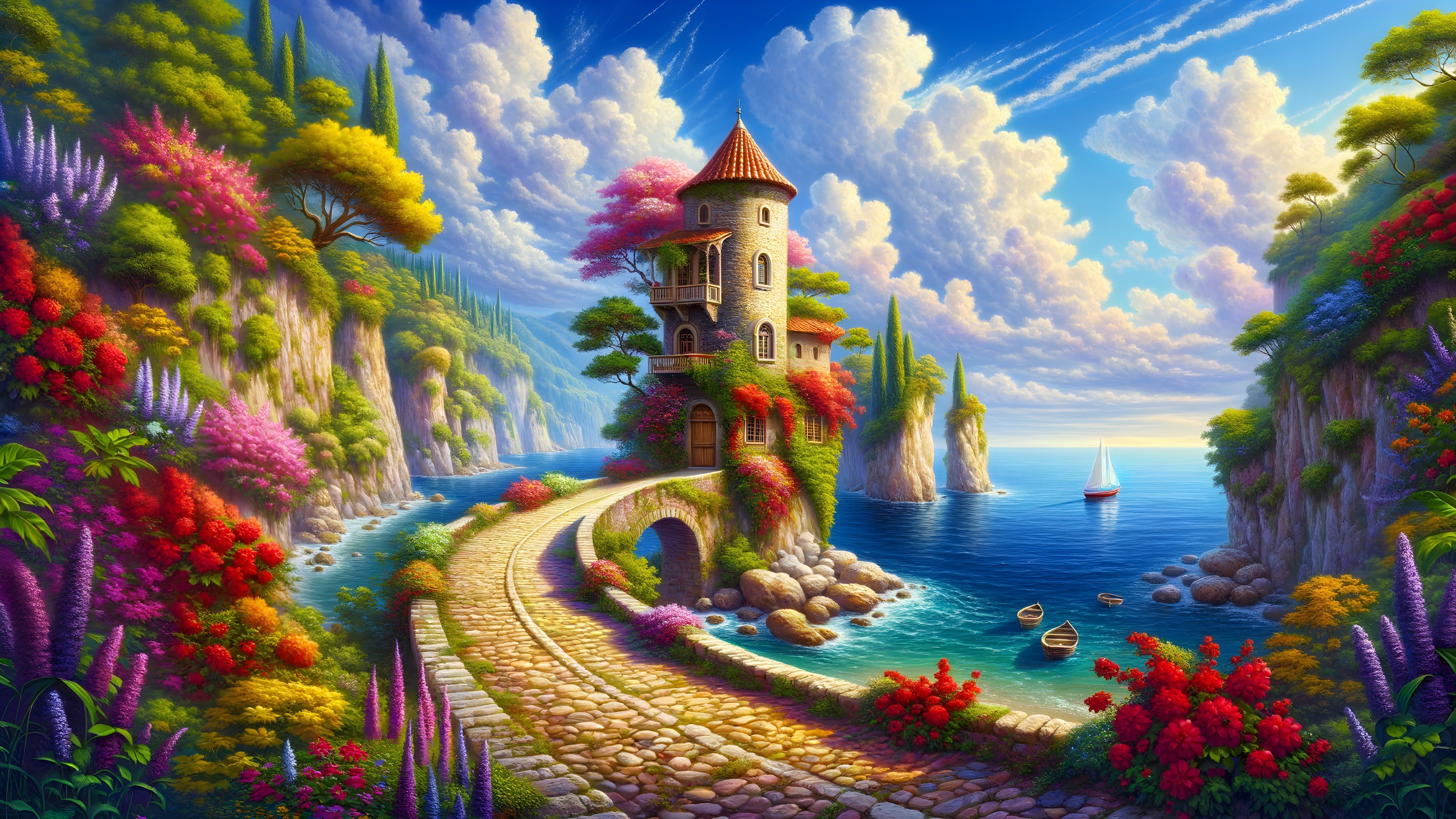 Whimsical Tower on Cliffside with Vibrant Landscape