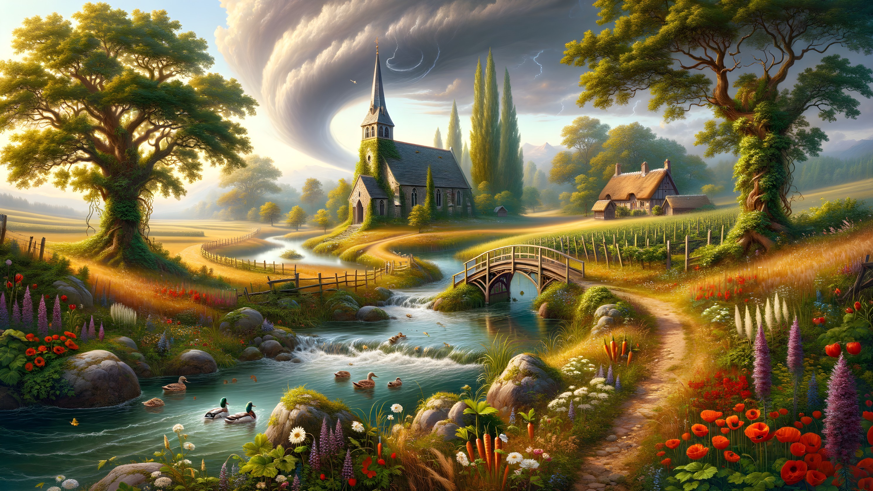 Quaint Church by Winding River in Picturesque Landscape