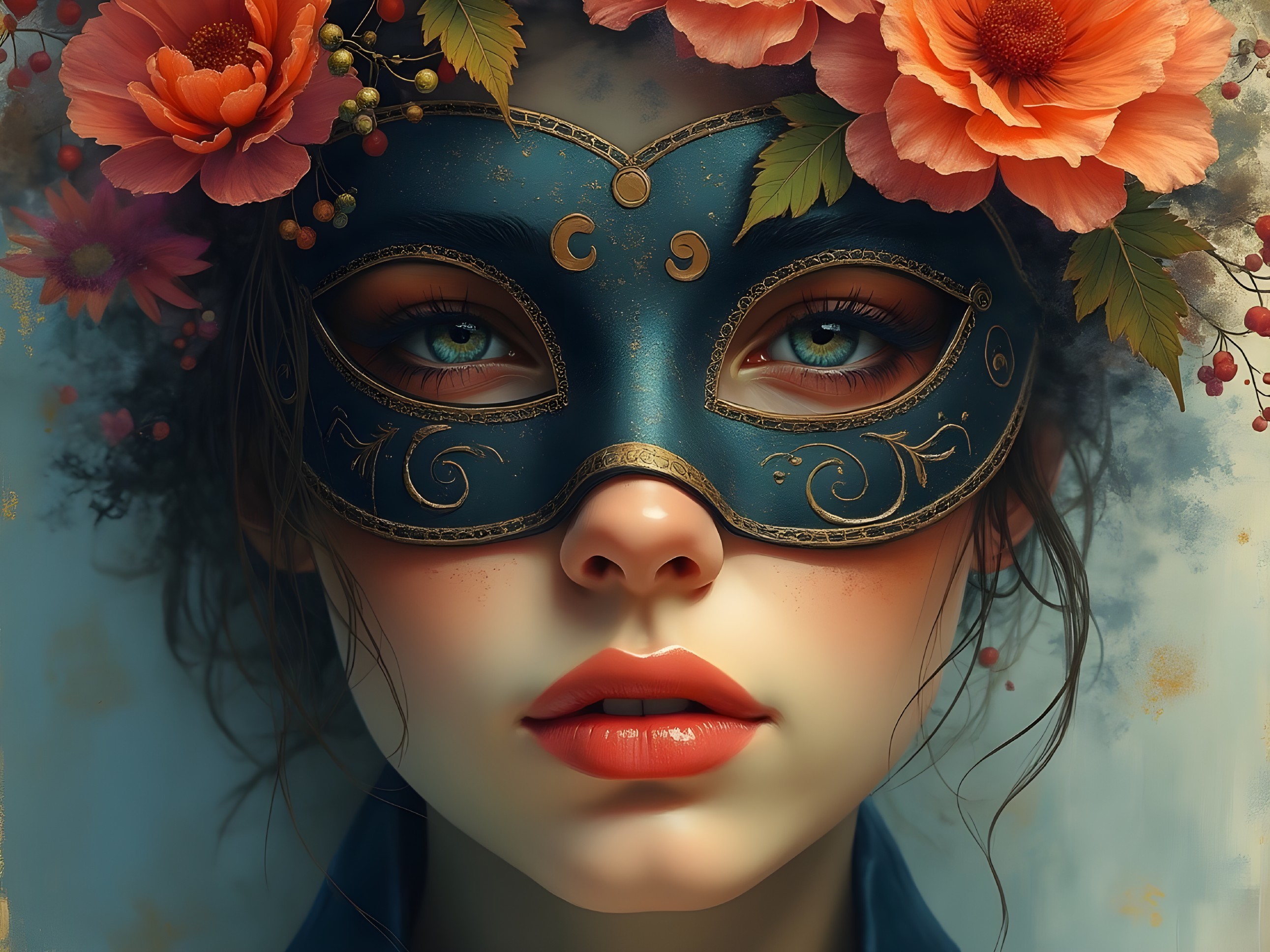 Young woman in ornate blue mask with floral accents