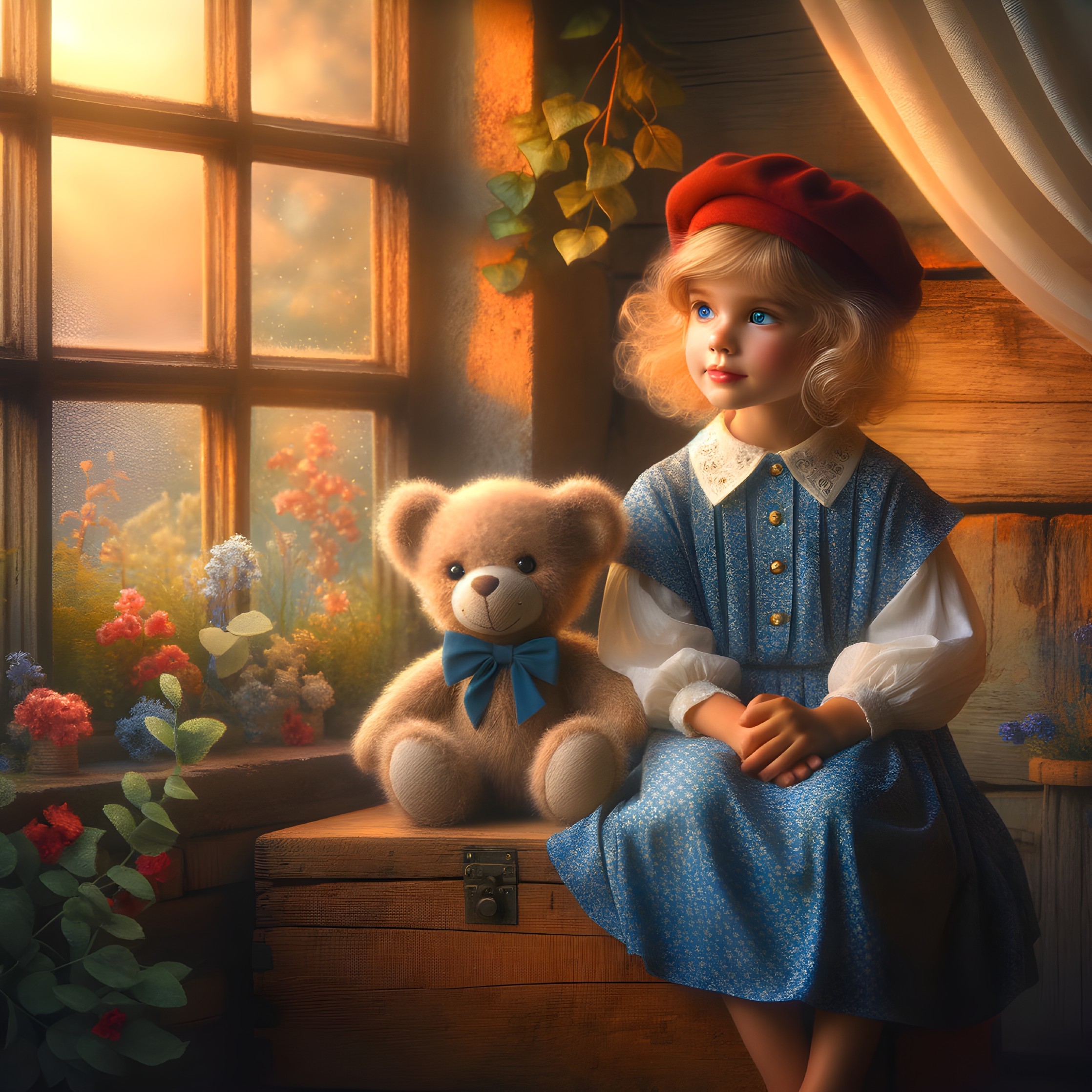 Young girl in blue dress by window with teddy bear