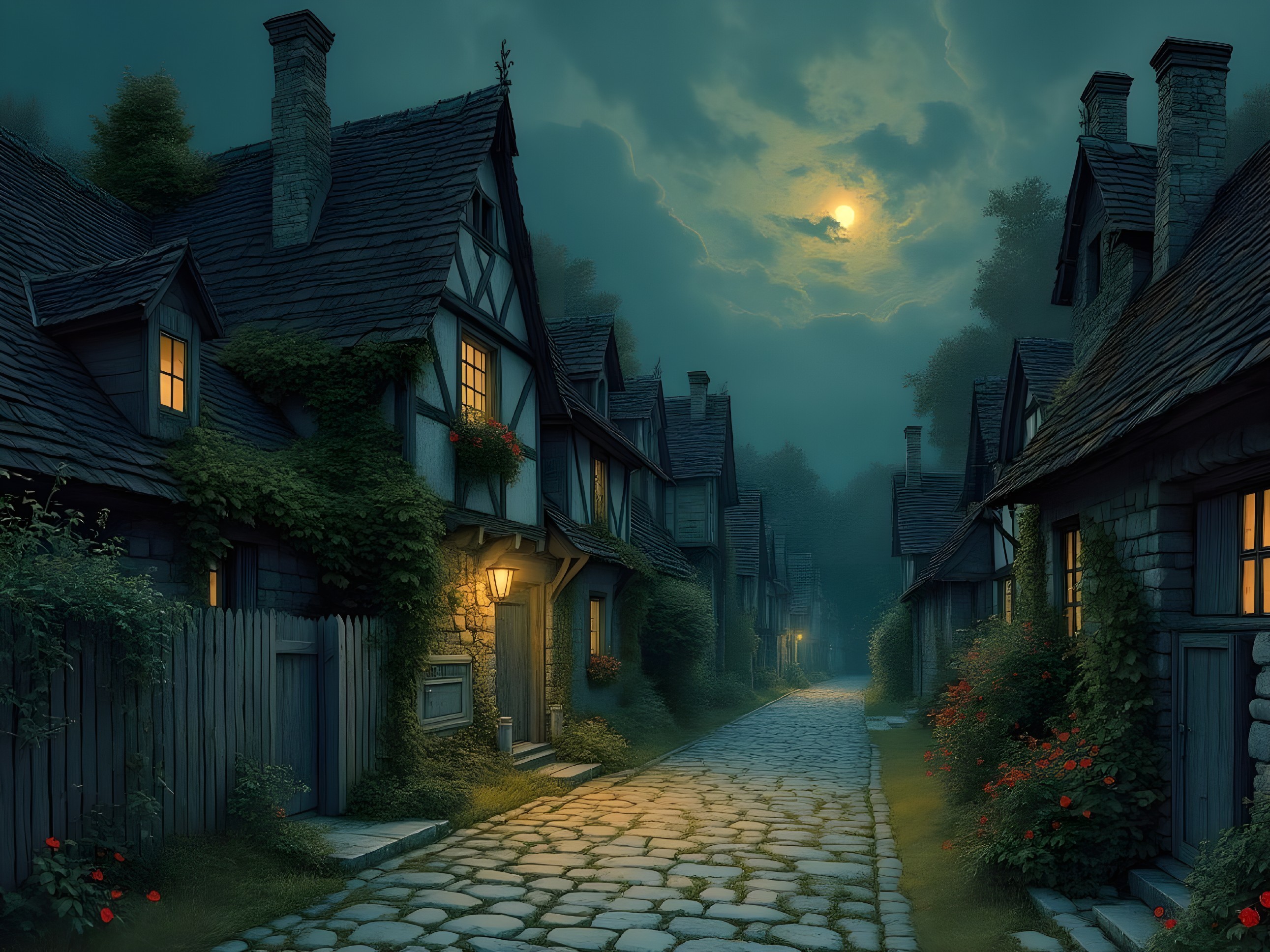 Moonlit Tudor Village with Cobblestone Path and Flowers