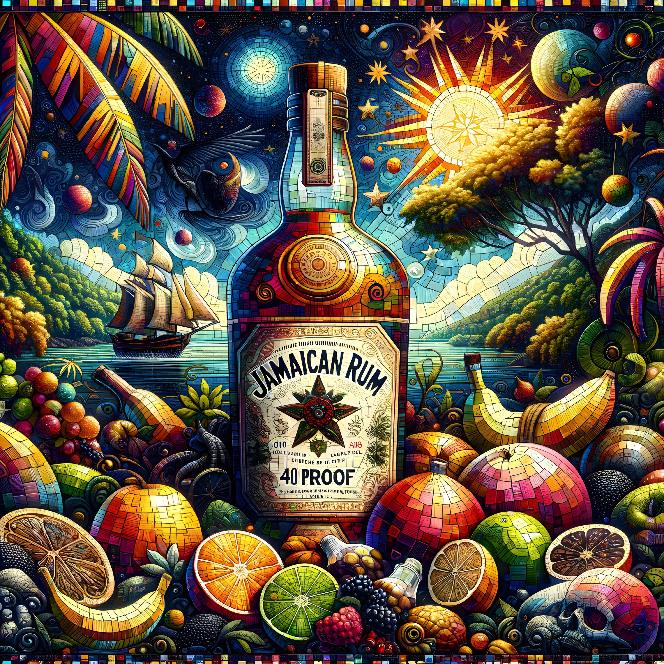 Colorful Illustration of Jamaican Rum and Tropical Fruits