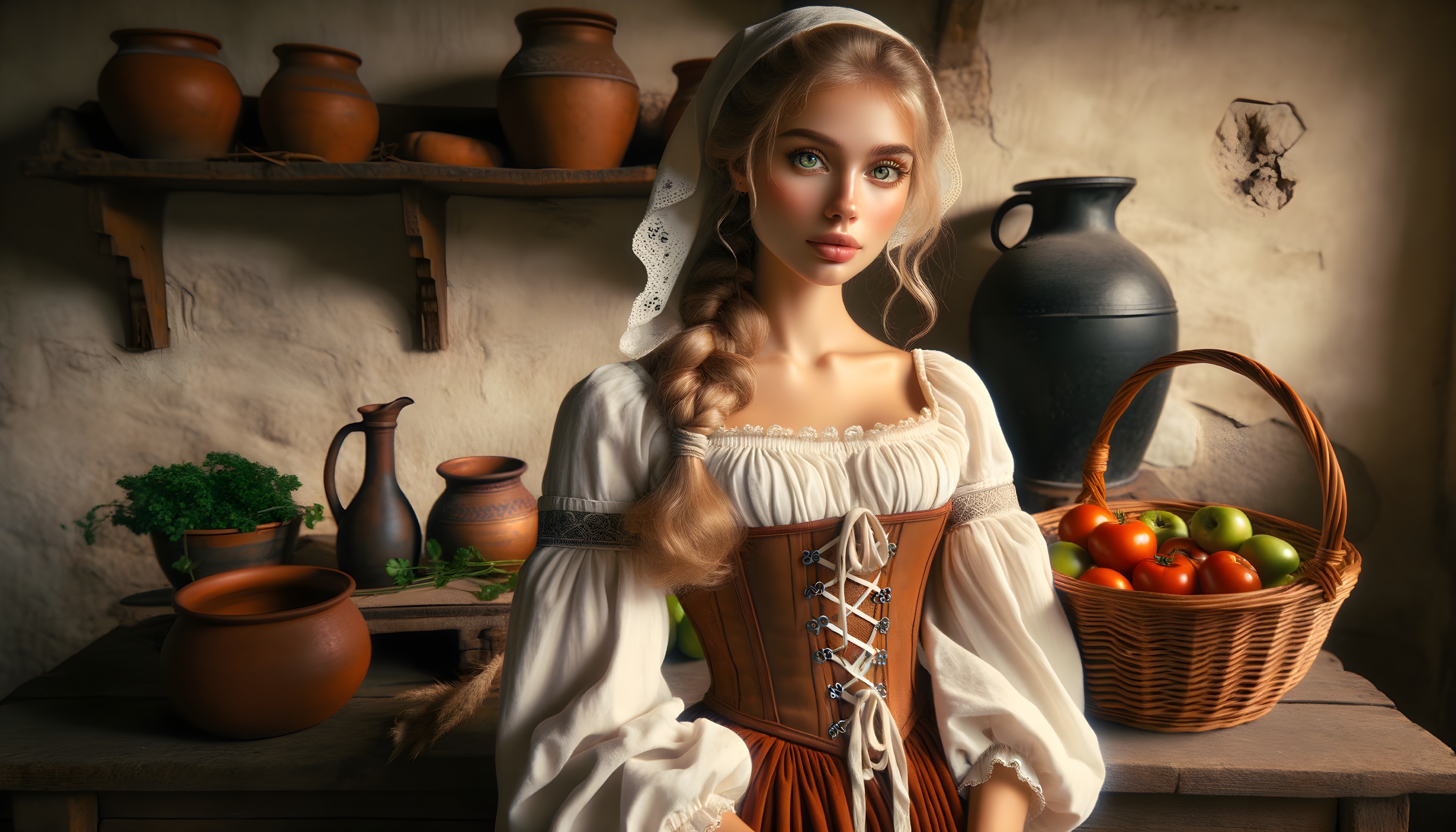 Young Woman in Rustic Kitchen with Traditional Dress