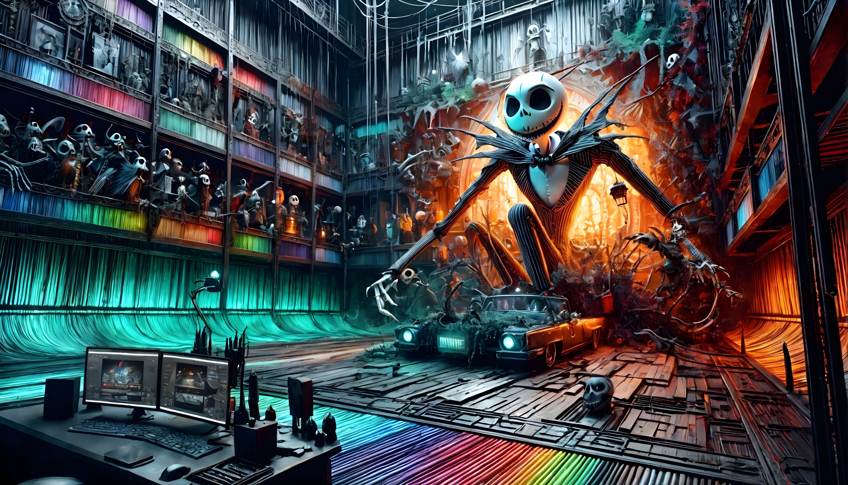 Colorful Jack Skellington Art in Surreal Theatre Setting