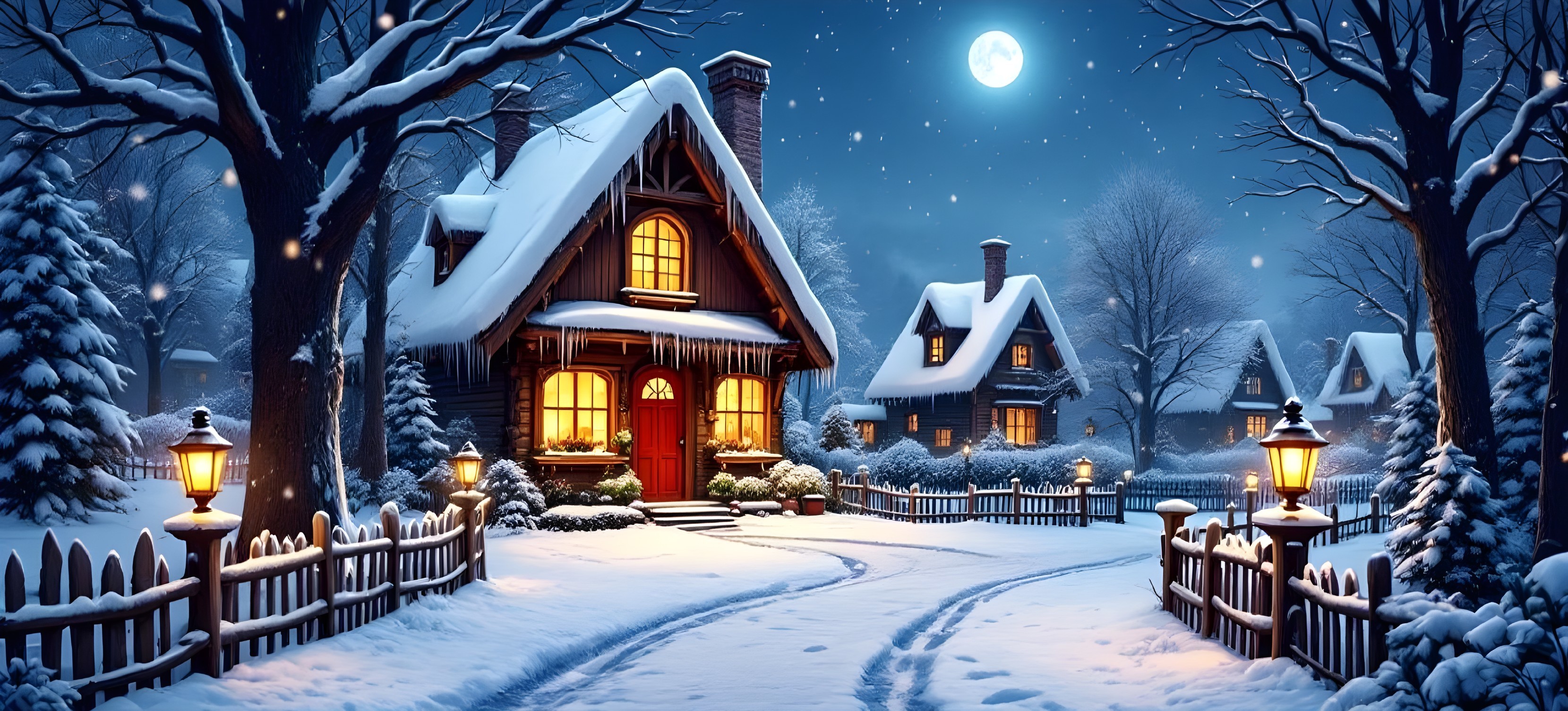 Cozy Cottage in a Serene Winter Night Scene