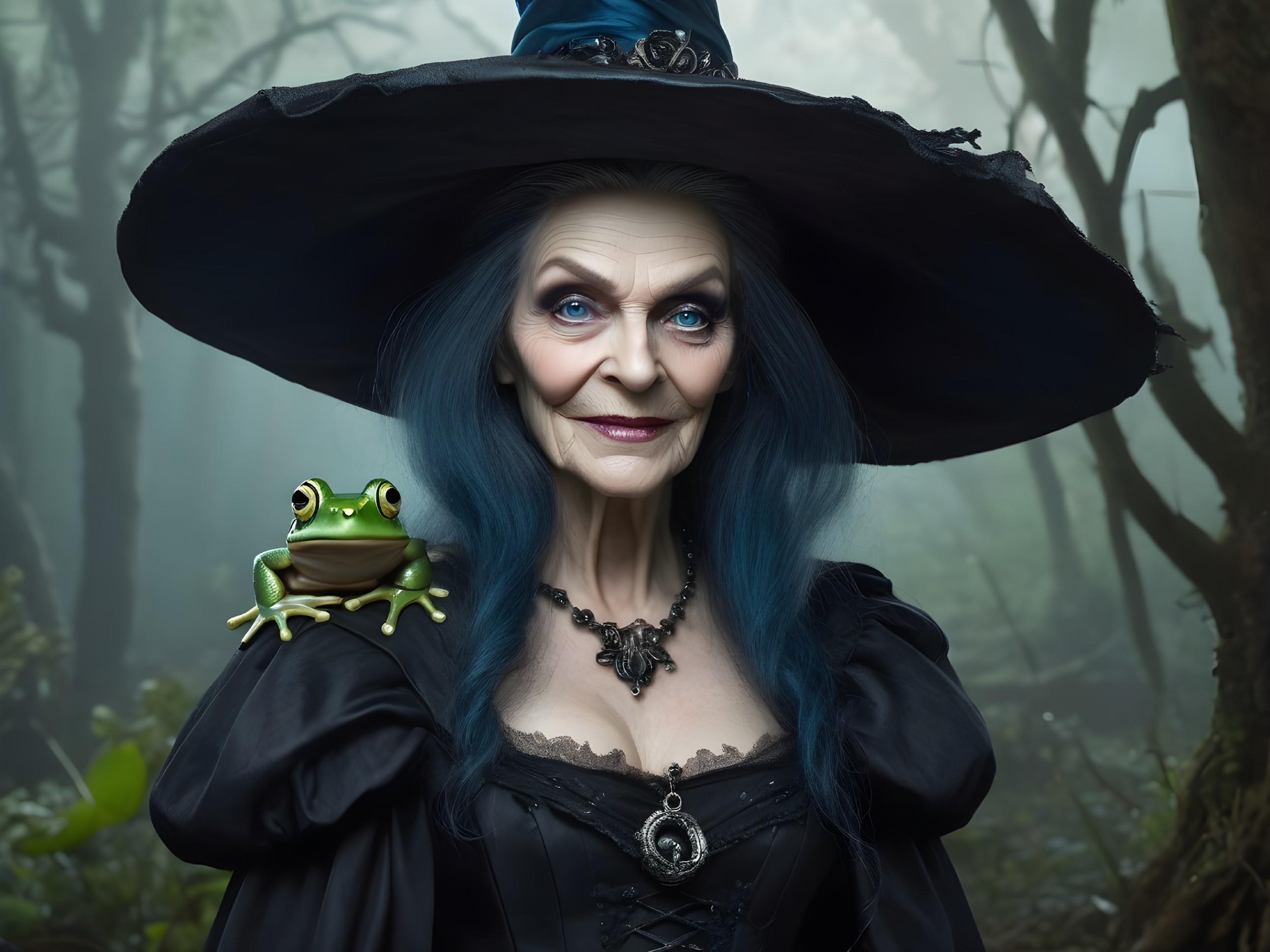 Elderly witch in misty forest with frog companion
