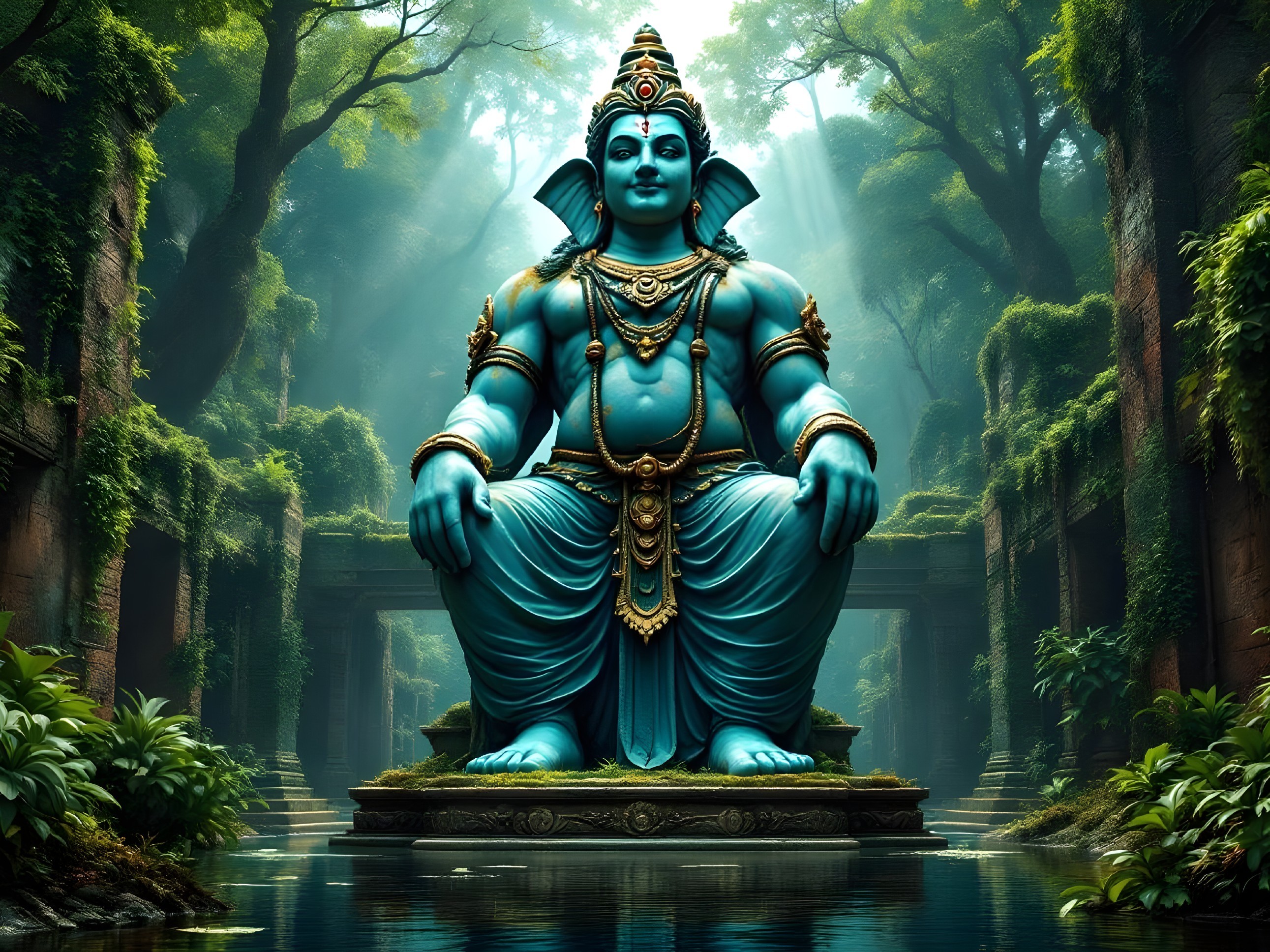Blue Deity Statue in Lush Jungle Setting