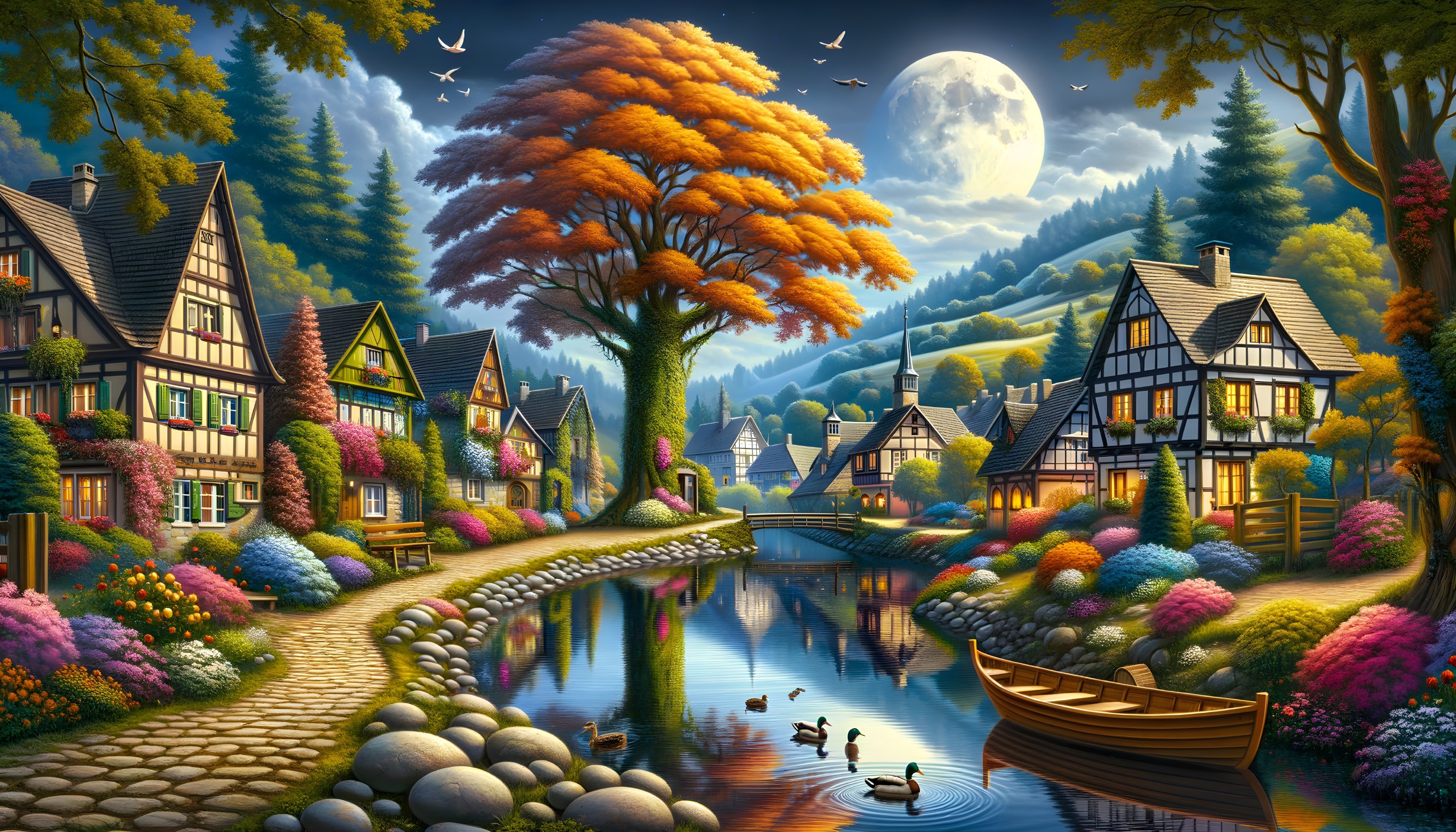 Twilight Village Scene with Half-Timbered Houses