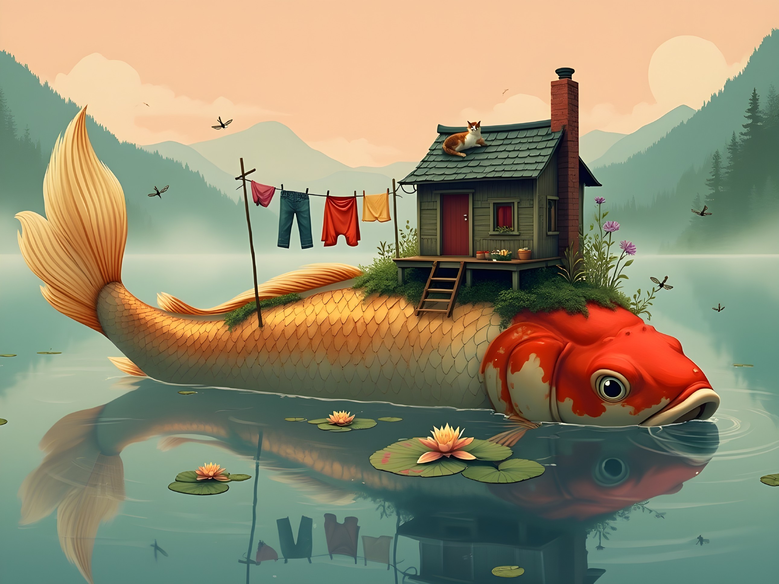 Whimsical Koi Fish with House and Cat in Tranquil Lake