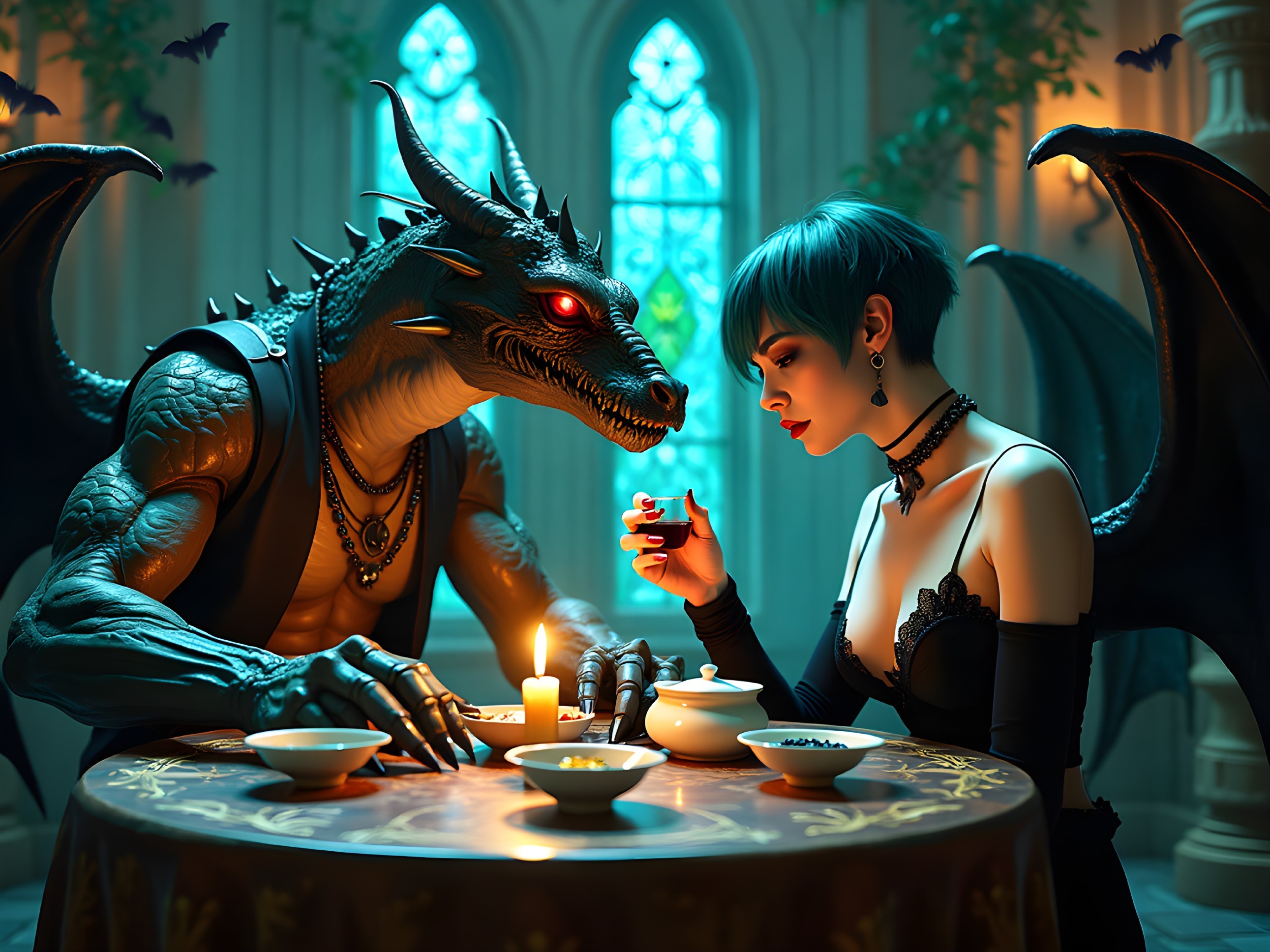 Gothic Dining Room with Dragon and Mysterious Woman