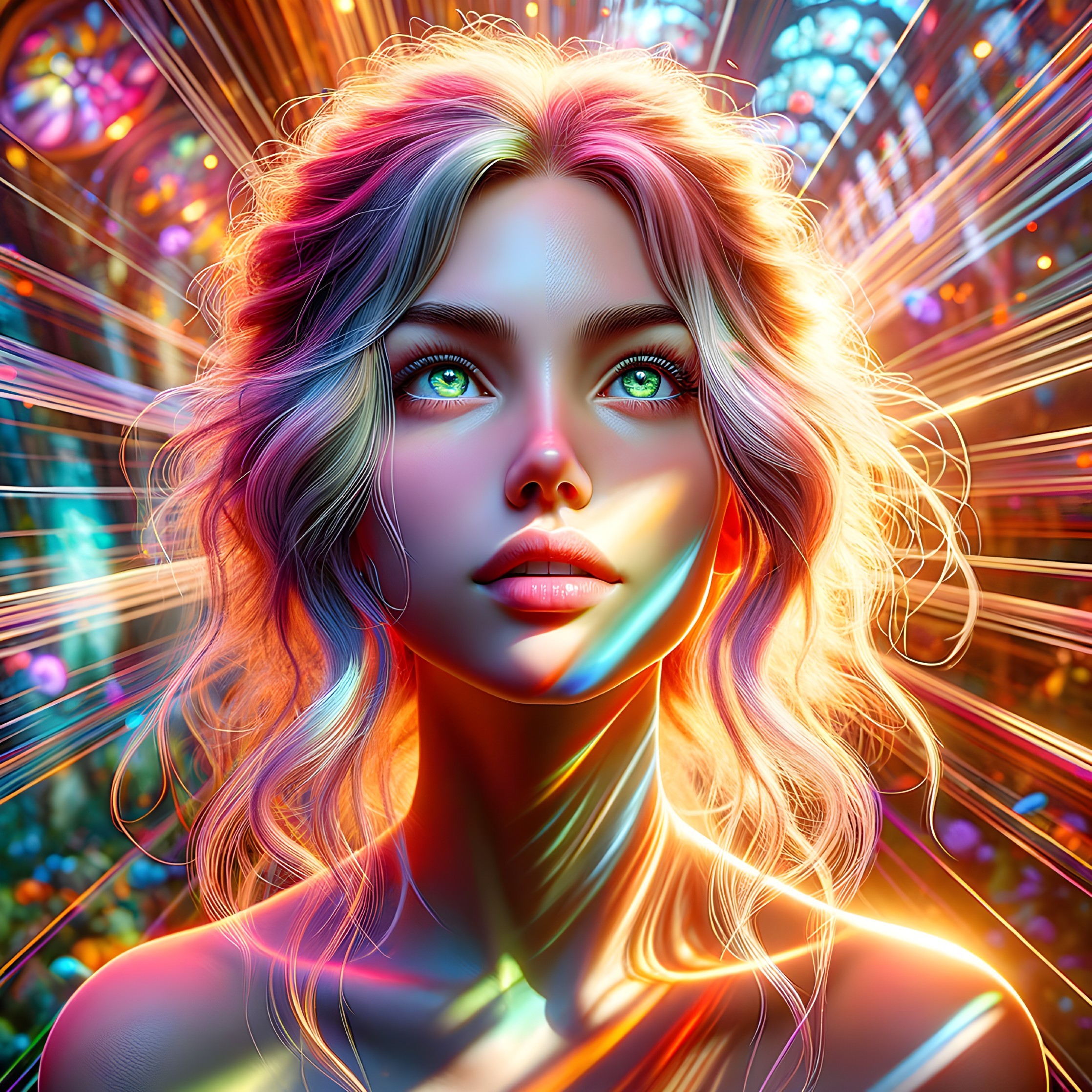 Portrait of a Young Woman in Colorful Light Beams