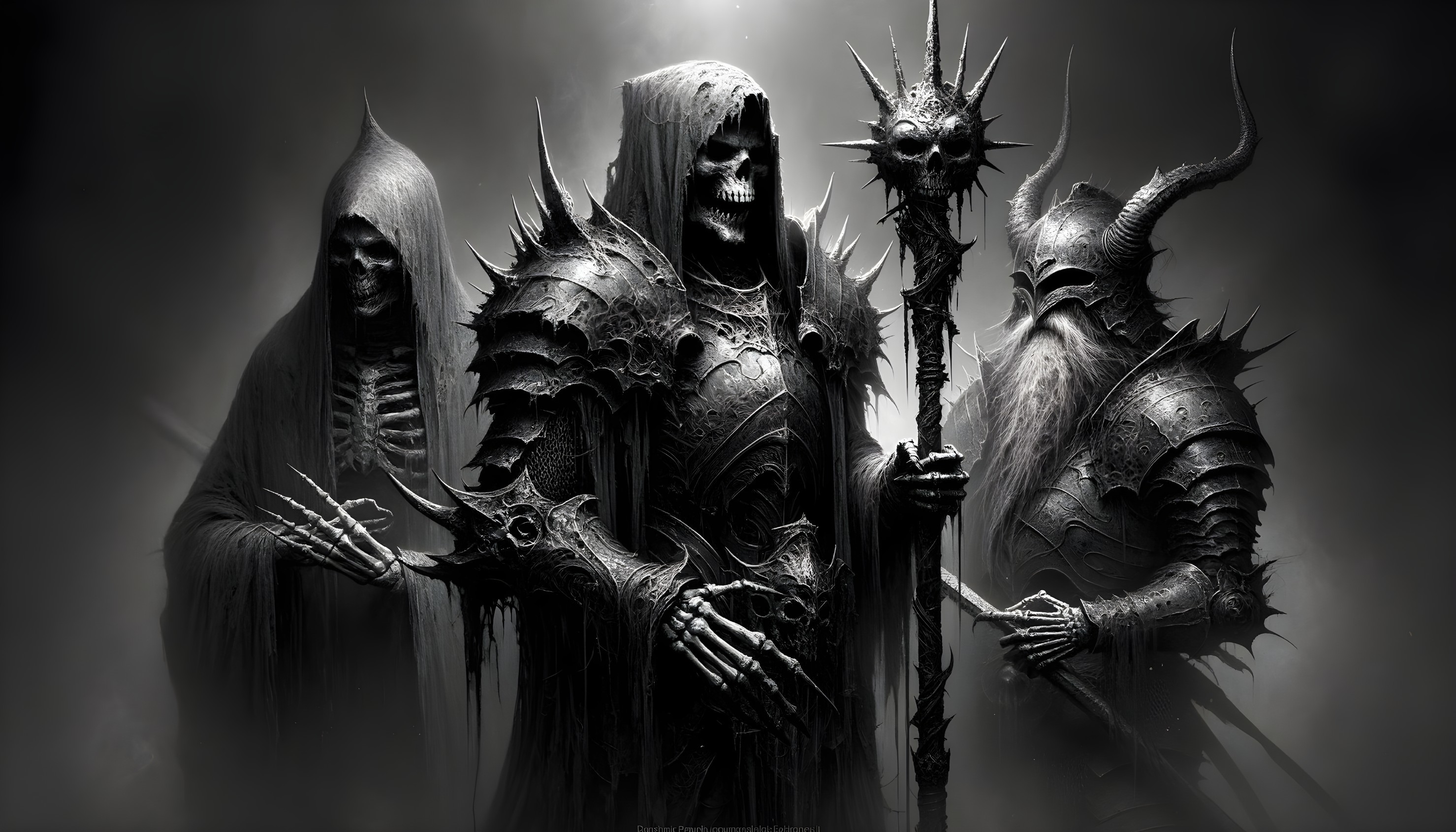 Skeletal Figures in Dark Cloaks and Armor