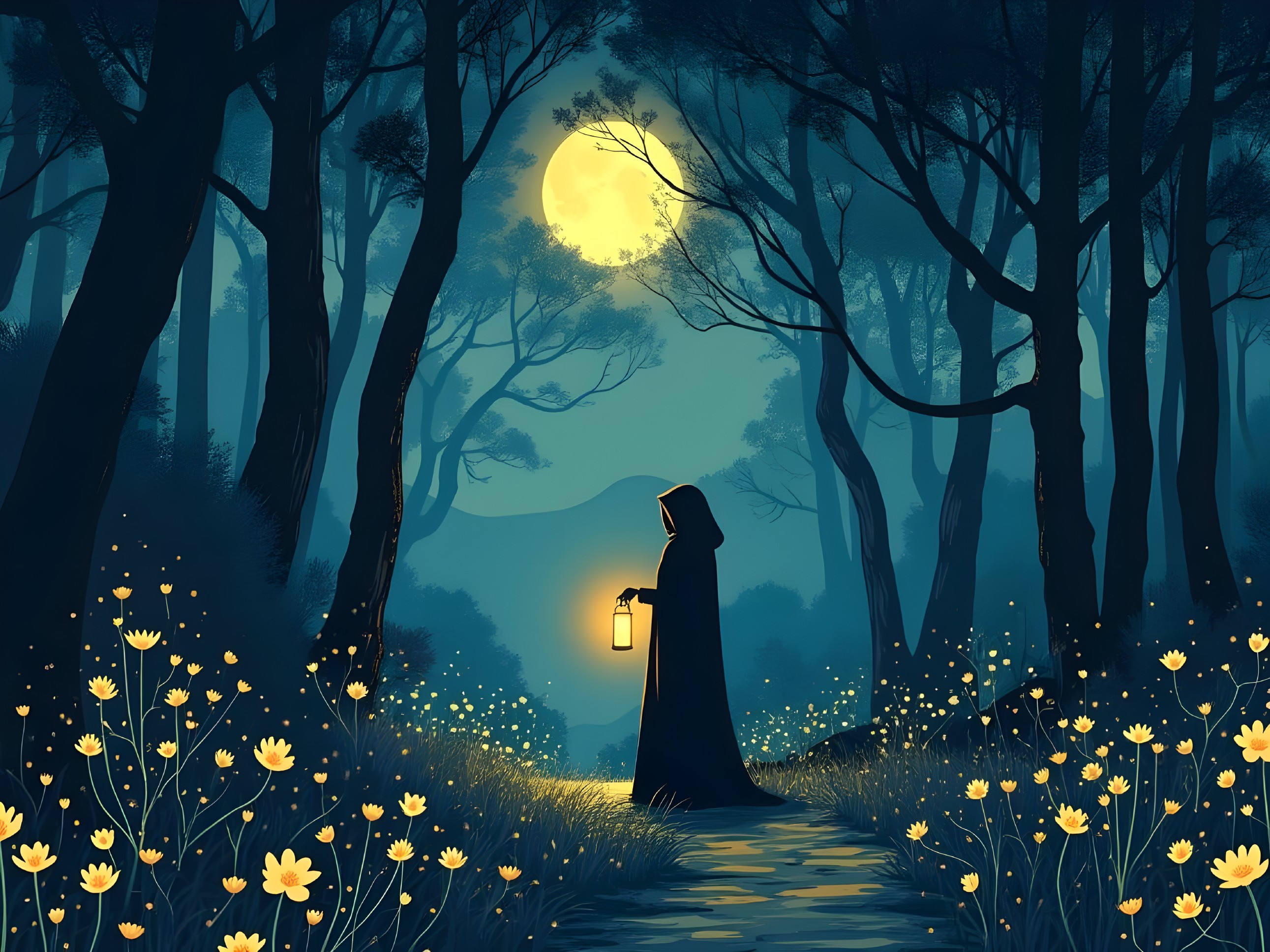 Cloaked Figure with Lantern in Moonlit Forest Scene