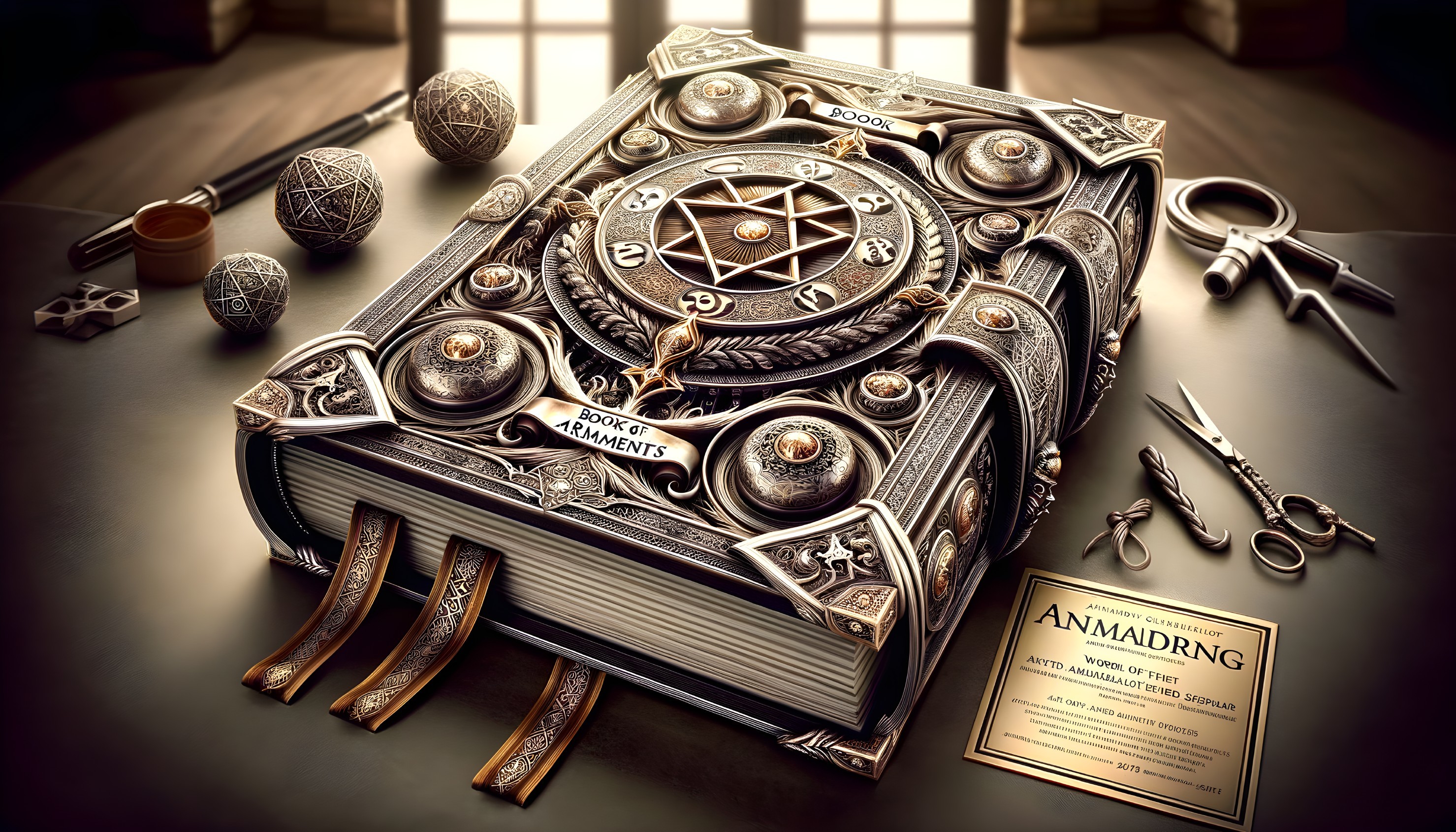 Intricately designed metallic book with symbols, geometric objects, scissors, and papers on wooden table