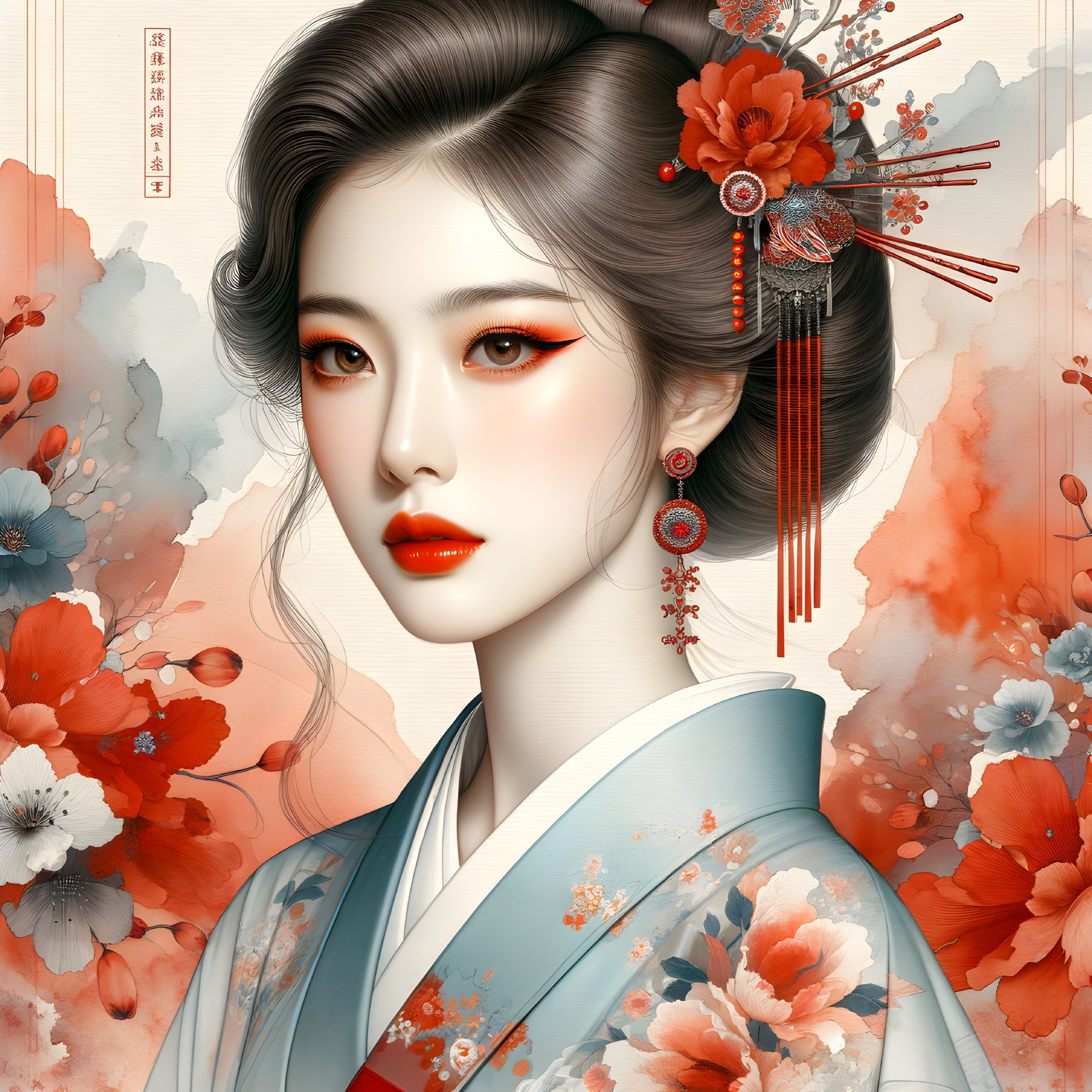 Young Woman in Floral Kimono with Watercolor Background