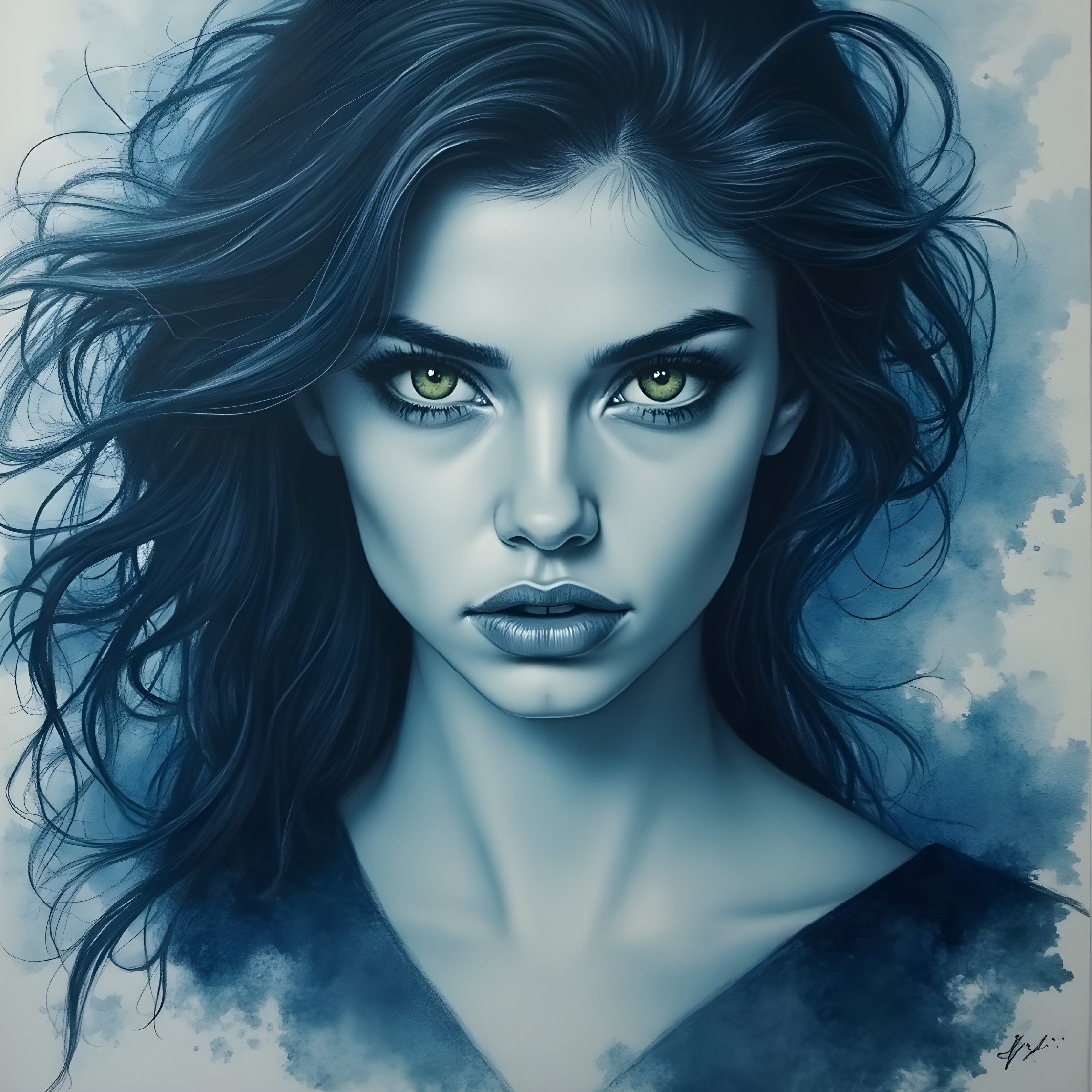 Portrait of a Young Woman with Green Eyes and Tousled Hair