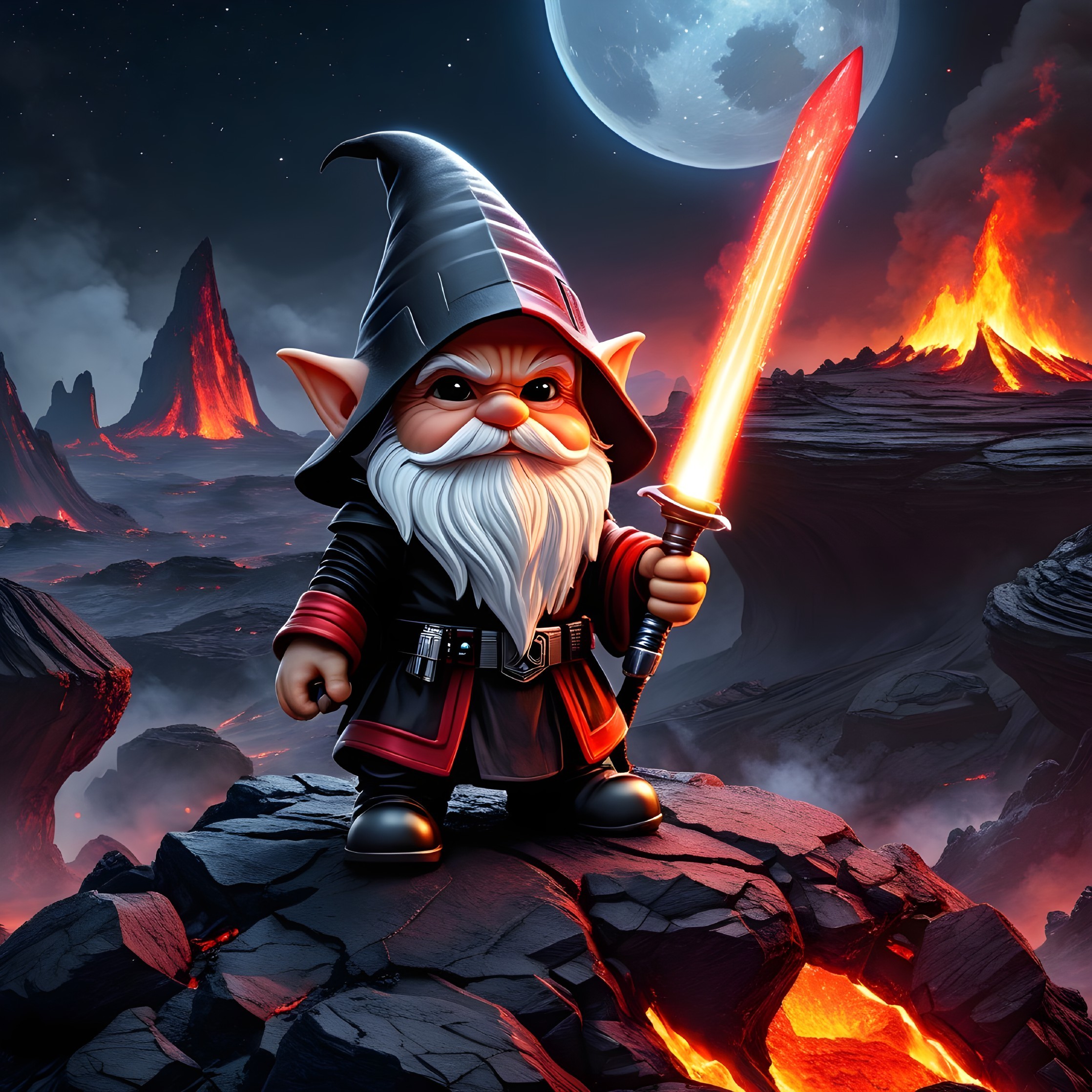 Gnome with glowing sword in a lava landscape scene