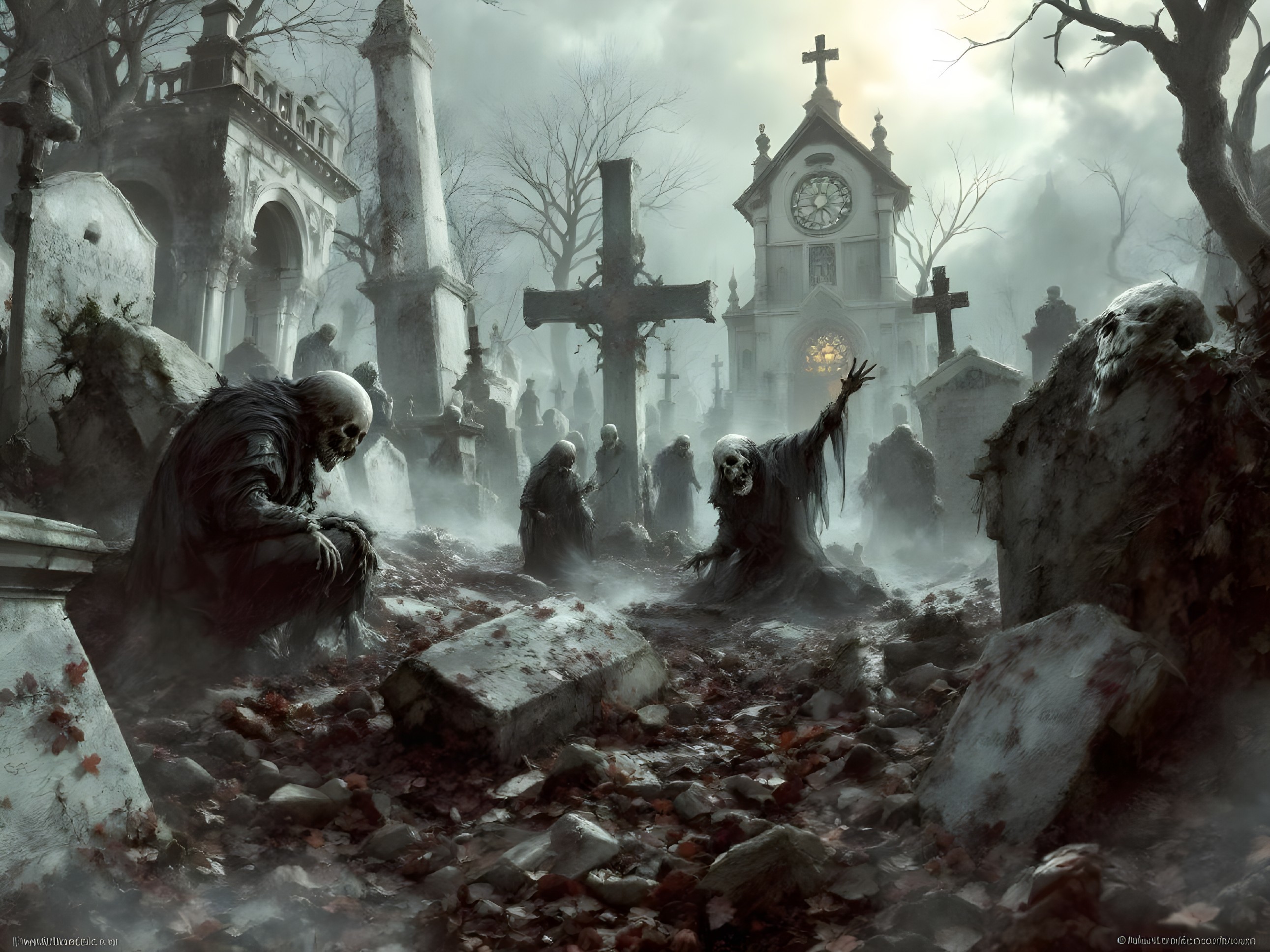 Haunting graveyard scene with mist and skeletal figures