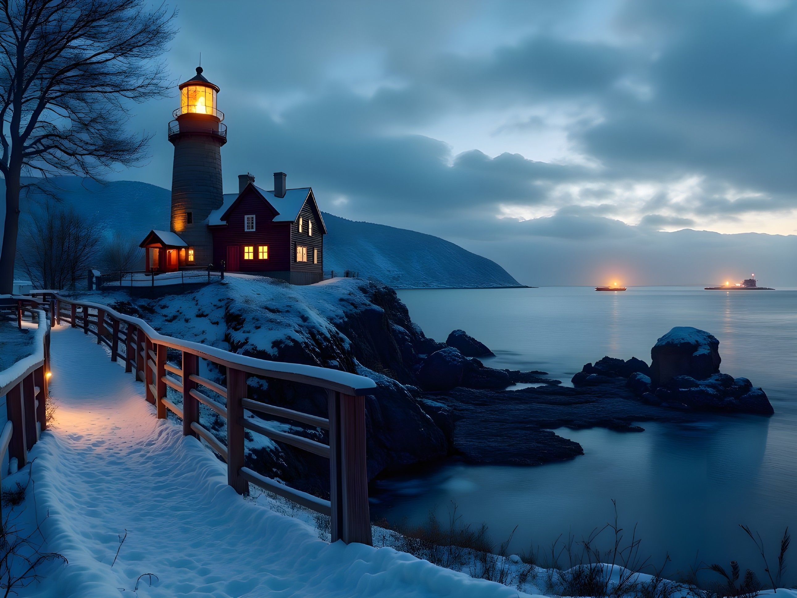 Historic lighthouse in serene winter twilight scene