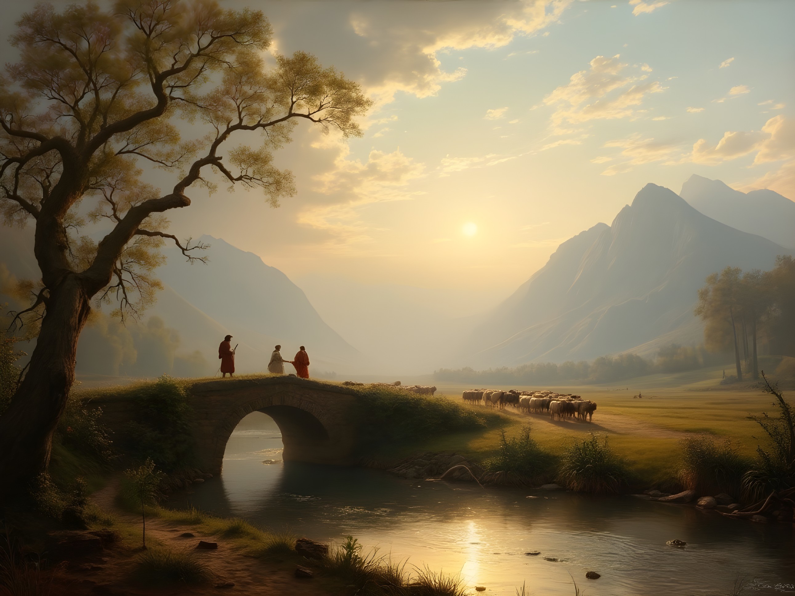Tranquil Sunset Landscape with Bridge and Grazing Sheep